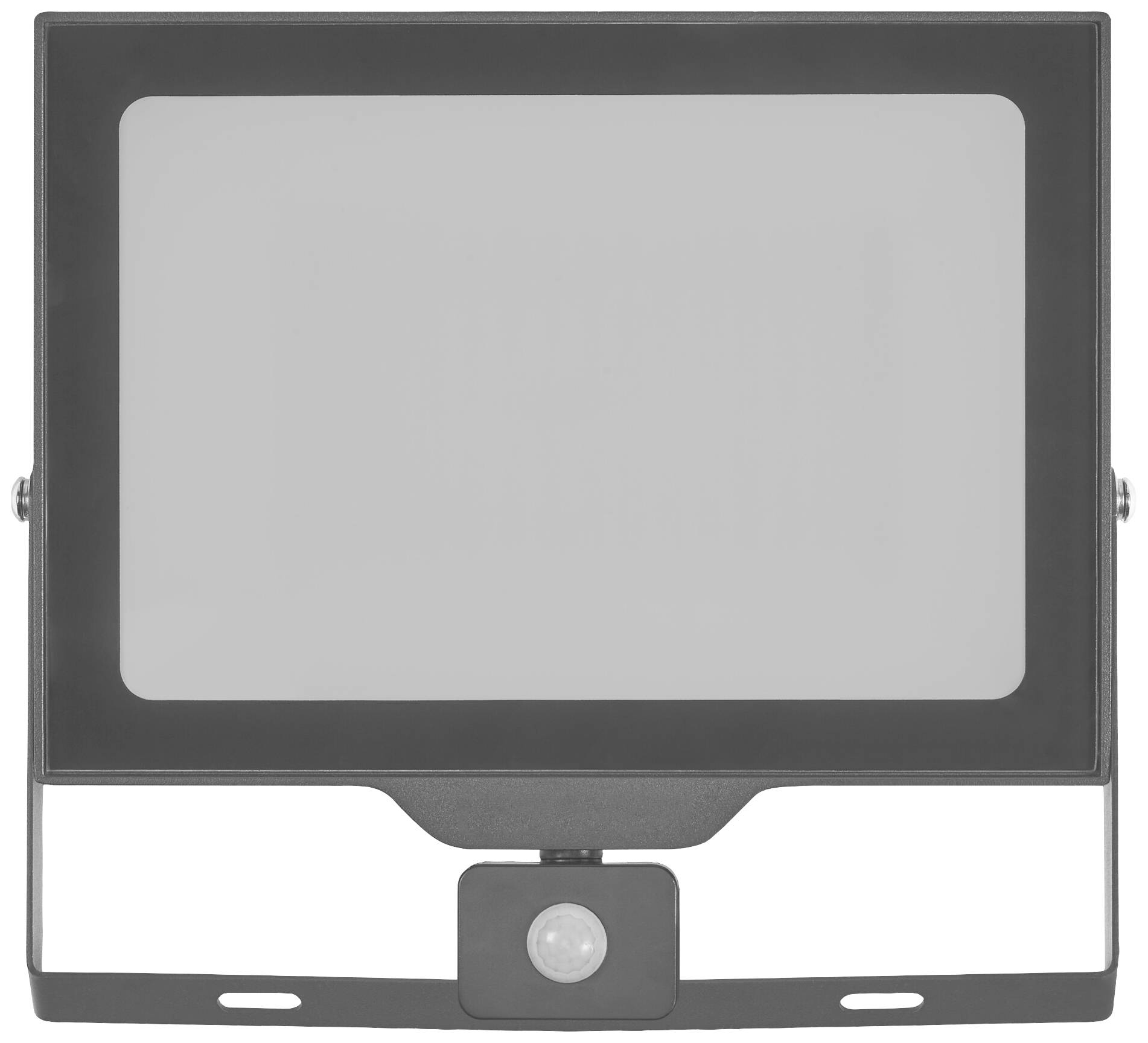 Schwarzer LED-Flutlichtstrahler mit rechteckigem Design und Bewegungssensor an der Unterseite, auf weißem Hintergrund.