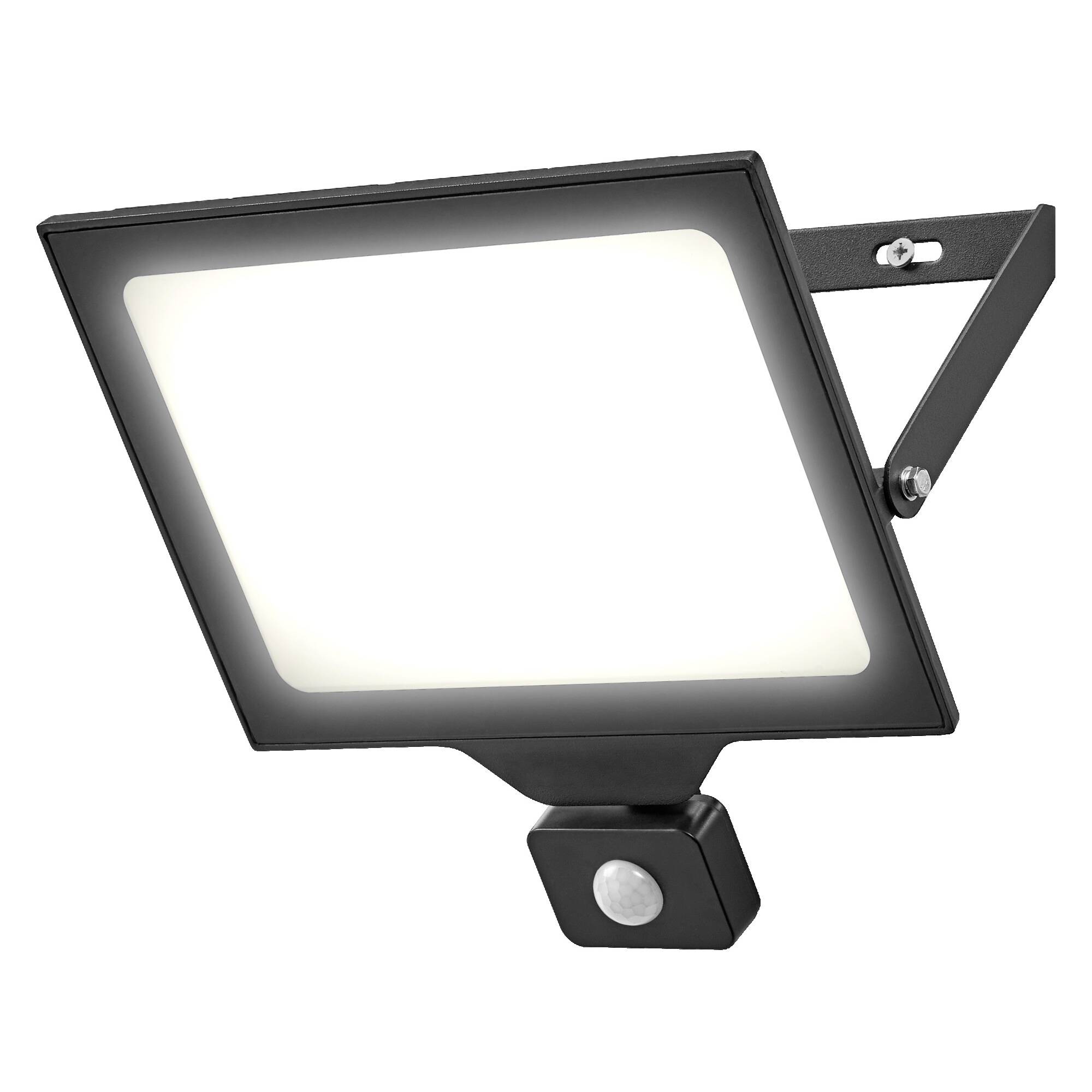 Ein rechteckiger LED-Strahler mit Bewegungssensor, montiert an einer Halterung, leuchtet in einem hellen Weißton.