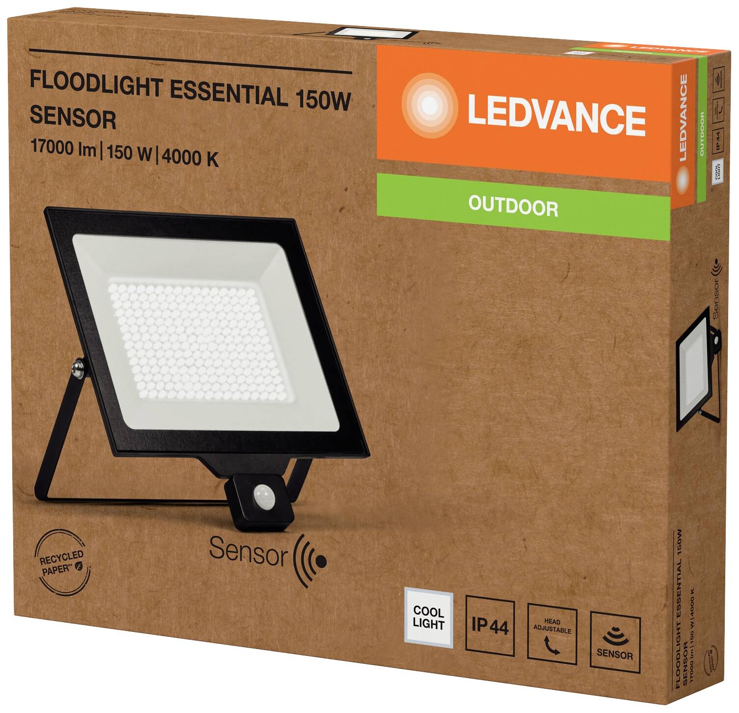 Verpackung der LED-Flutlichtlampe 'LEDVANCE' mit Sensor für den Außenbereich, 17000 Lumen, 150 Watt, 4000 Kelvin.