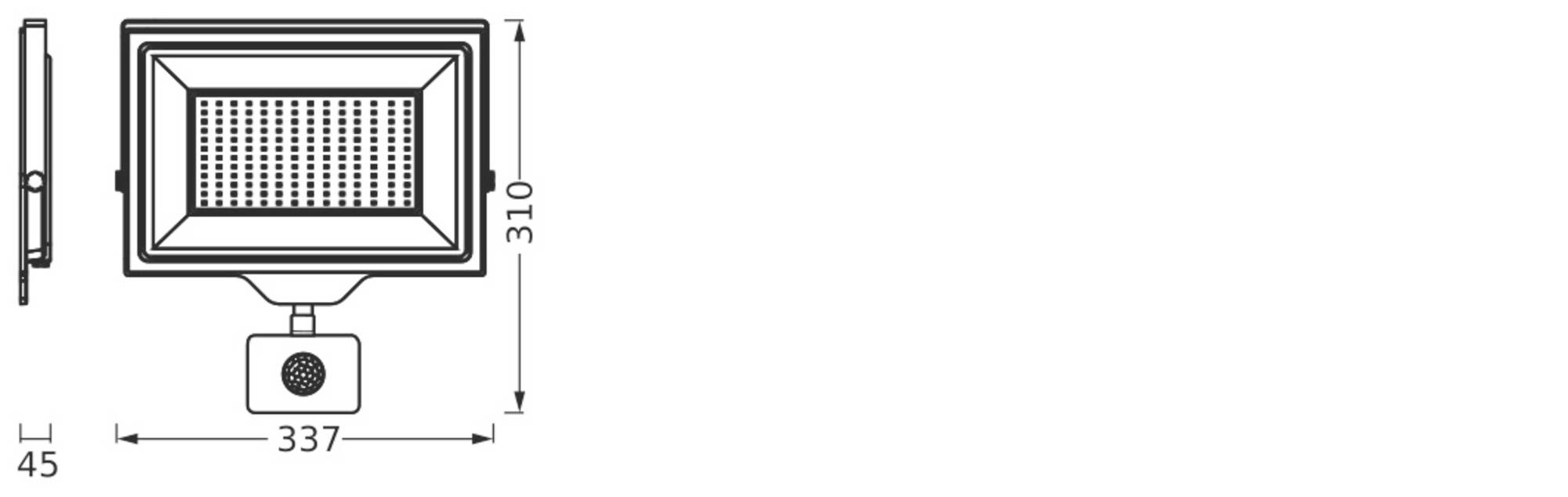 Technische Zeichnung eines Außenstrahlers mit den Maßen 310 mm in der Höhe und 337 mm in der Breite, zeigt Seiten- und Vorderansicht.