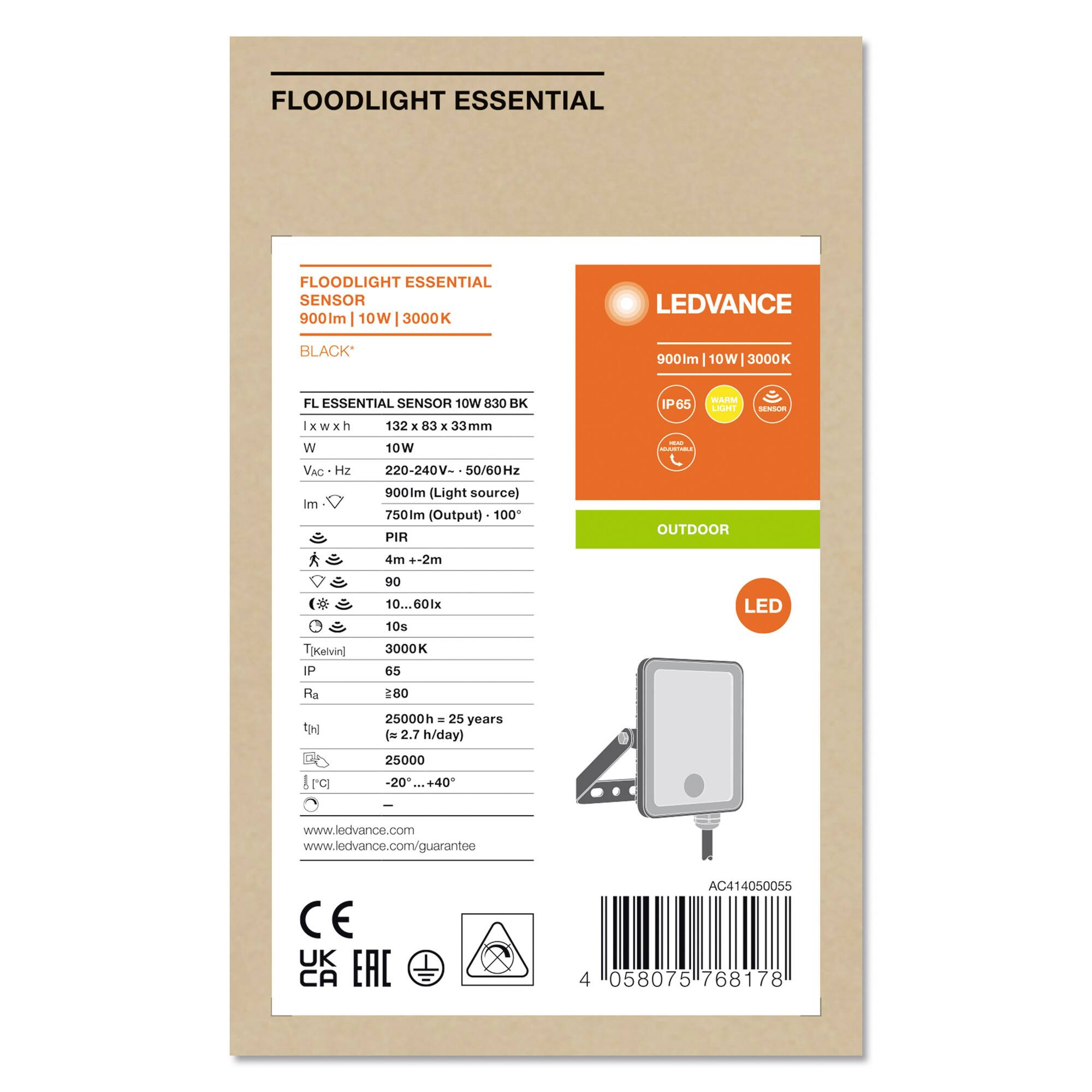 Kartonverpackung für LED-Strahler 'Floodlight Essential' mit 900lm, 10W, 3000K. Farbe: Schwarz. Außenbereich, LEDs enthalten.