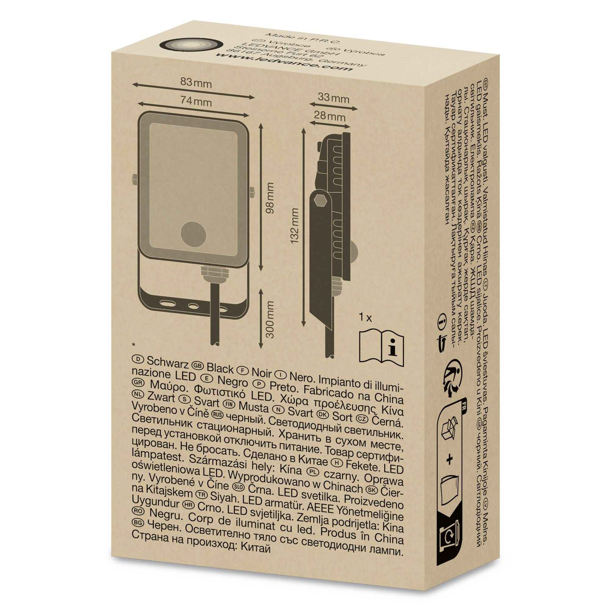 Verpackung eines schwarzen LED-Leuchten-Systems, abgebildet mit Produktabmessungen. Enthält Informationen in mehreren Sprachen.