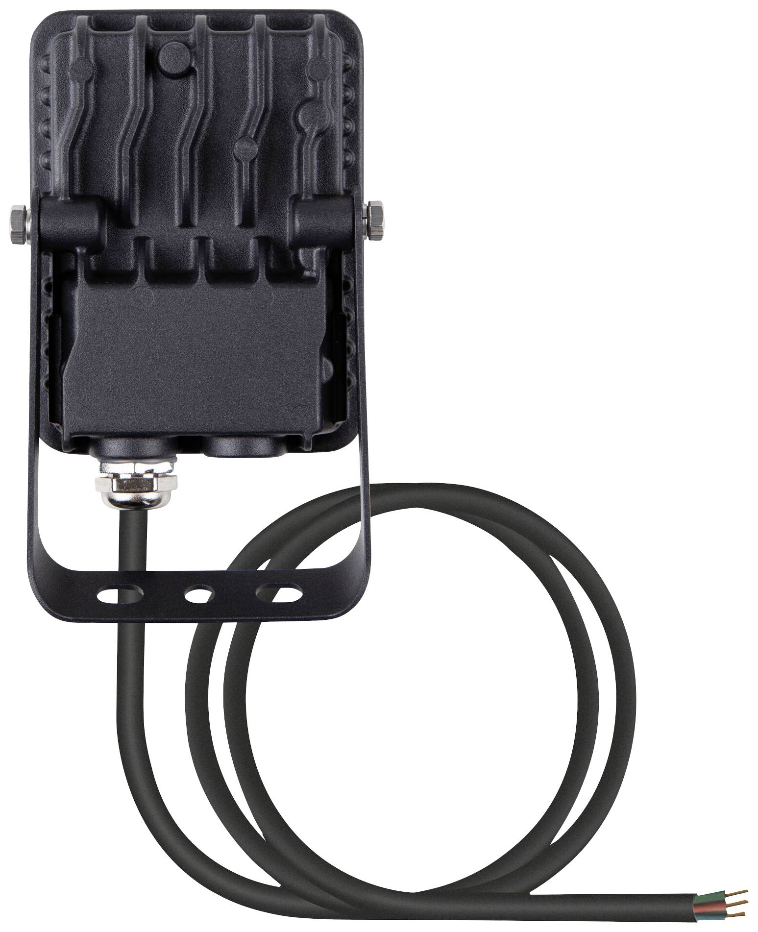 Eine schwarze LED-Flutlichtlampe mit robustem Gehäuse und langem Kabel. Geeignet für Außenbeleuchtung bei verschiedenen Wetterbedingungen.