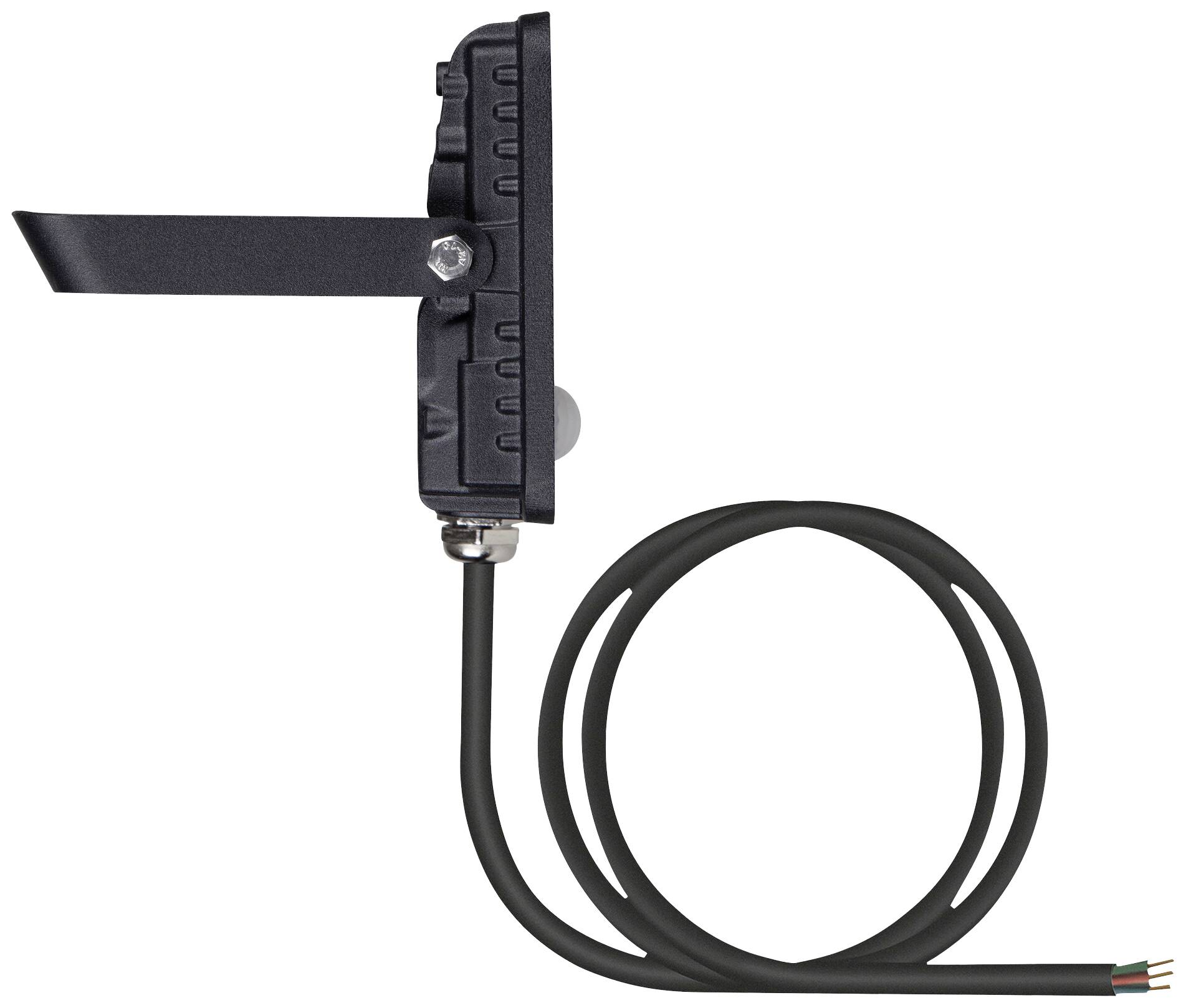 Ein schwarzer elektrischer Schalter mit Hebel und Kabel, das aus der Unterseite kommt. Er ist seitlich betrachtet.