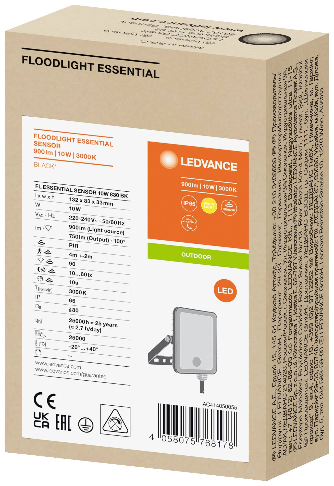Brauner Karton mit Informationen zu einem LED-Flutlicht Essential Sensor. Spezifikationen: 10W, 900lm, 3000K, IP44, für den Außenbereich.