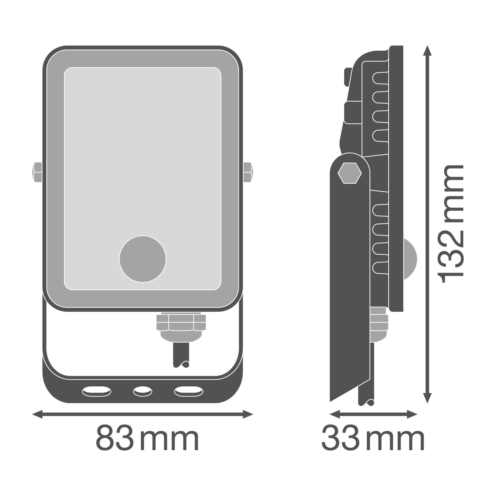 Abbildung zeigt ein rechteckiges Gerät mit Abmessungen: 83 mm Breite, 33 mm Tiefe und 132 mm Höhe, dargestellt in Front- und Seitenansicht.