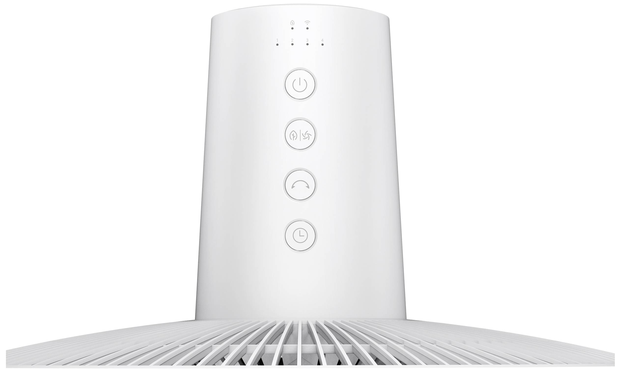 Ein weißer Luftreiniger mit fünf Bedienelementen oben. Die Knöpfe sind rund und zeigen Symbole für Power, Timer, Modus und mehr.