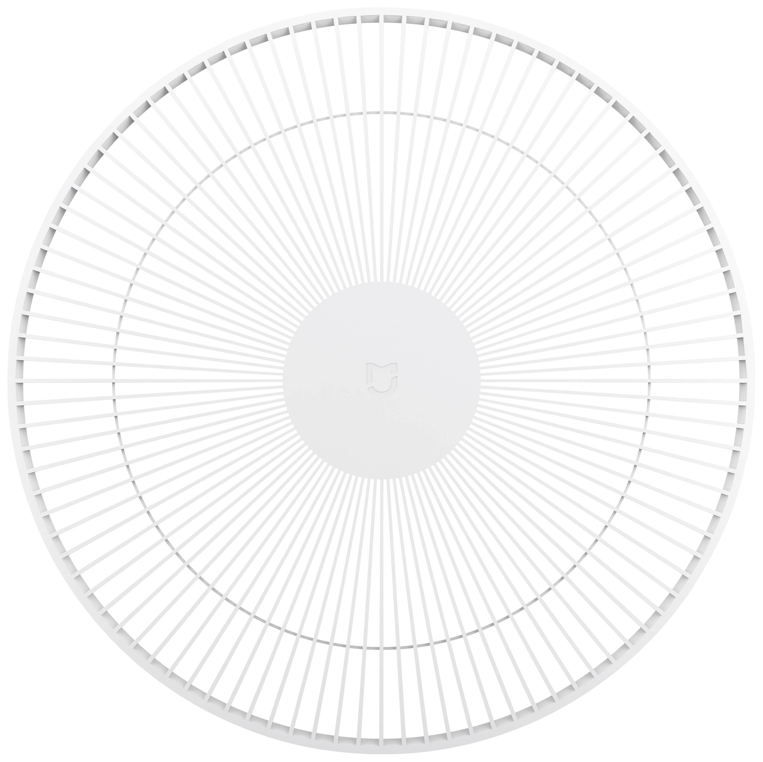 Runder, weißer Lüftergrill mit radial angeordneten Streben, die von der Mitte zum Rand verlaufen.