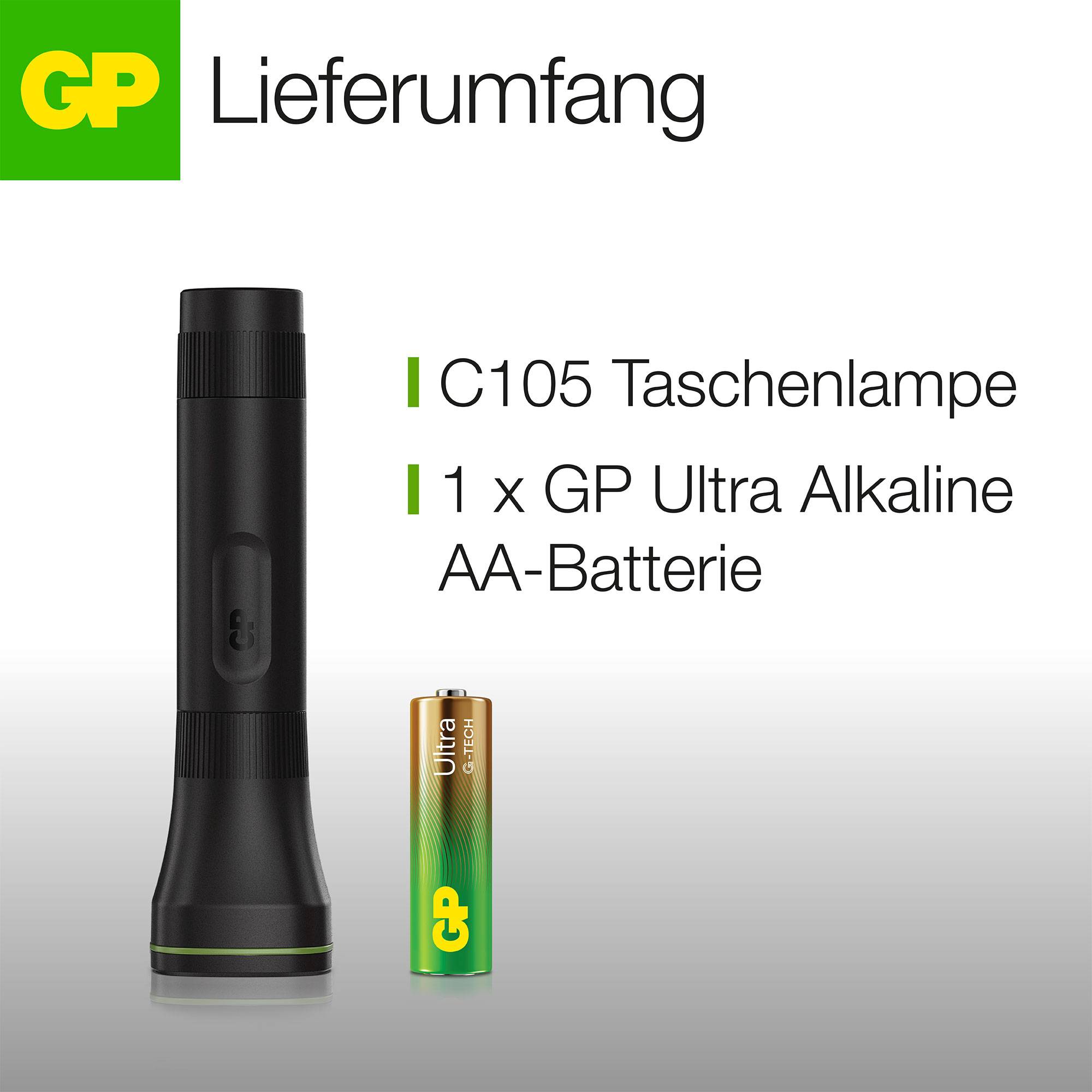 Liferumfang: C105 Taschenlampe und 1 x GP Ultra Alkaline AA-Batterie