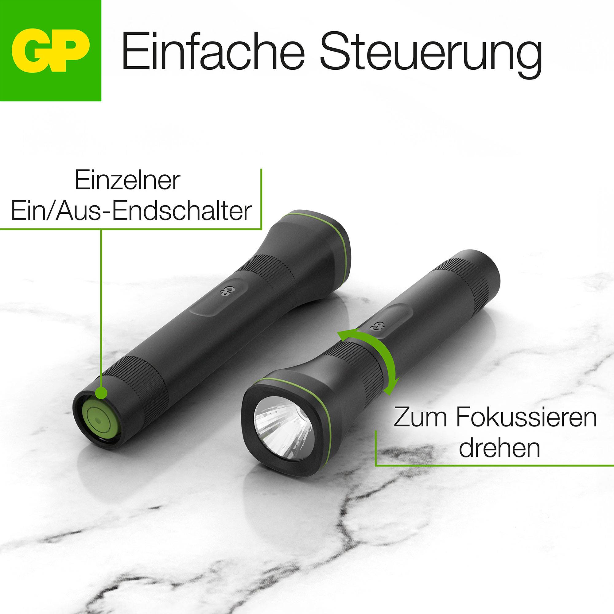 Zwei schwarze Taschenlampen mit grünem Akzent, eine zeigt den 'Ein/Aus-Endschalter', die andere den Drehmechanismus 'Zum Fokussieren drehen'. Im Hintergrund steht 'Einfache Steuerung'.