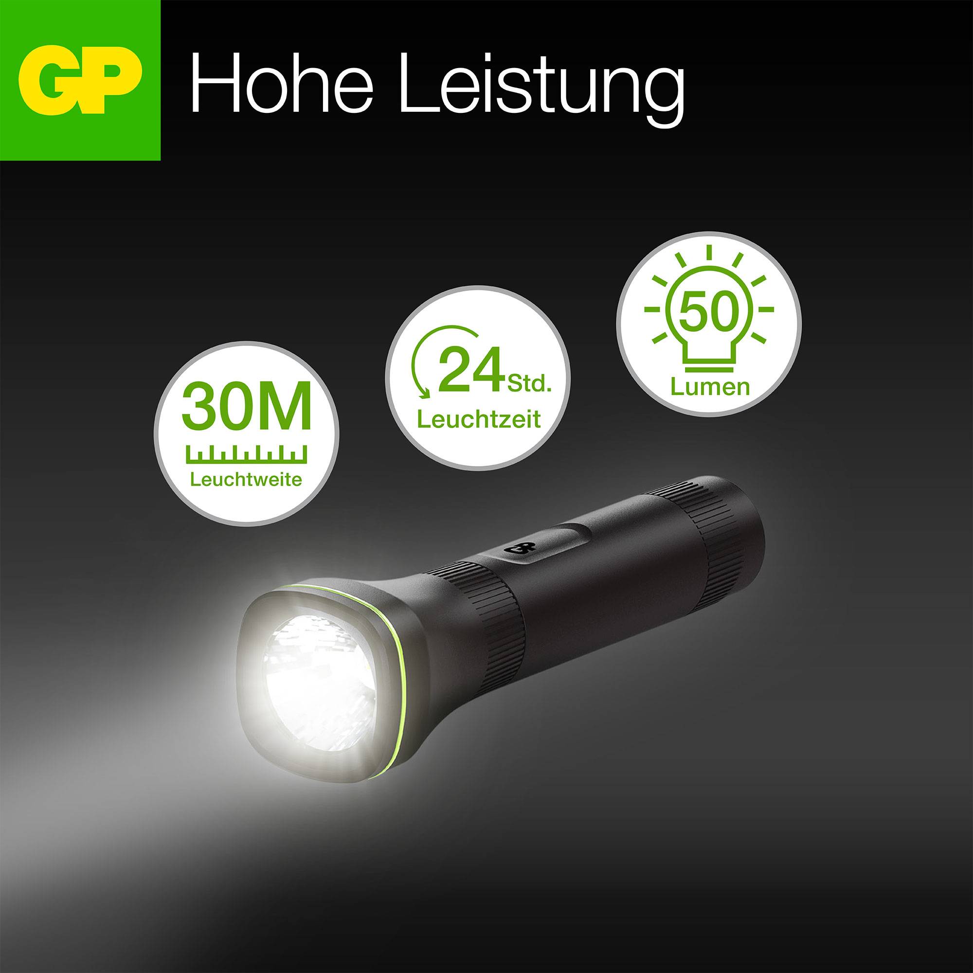 Taschenlampe mit hoher Leistung; 30 Meter Leuchtweite, 24 Stunden Leuchtdauer, 50 Lumen Helligkeit.