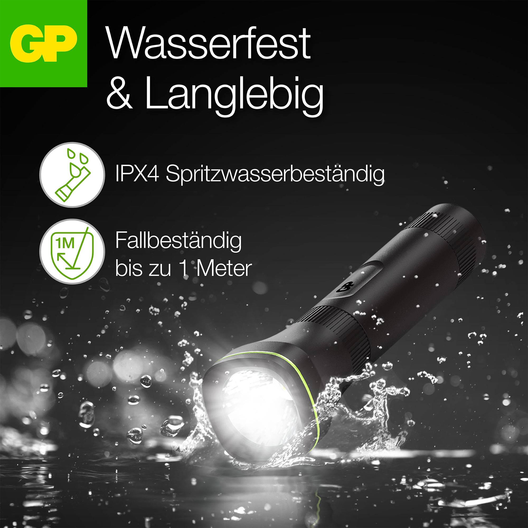 Taschenlampe im Regen, Text 'Wasserfest & Langlebig', IPX4 spritzwasserbeständig, fallbeständig bis zu 1 Meter.