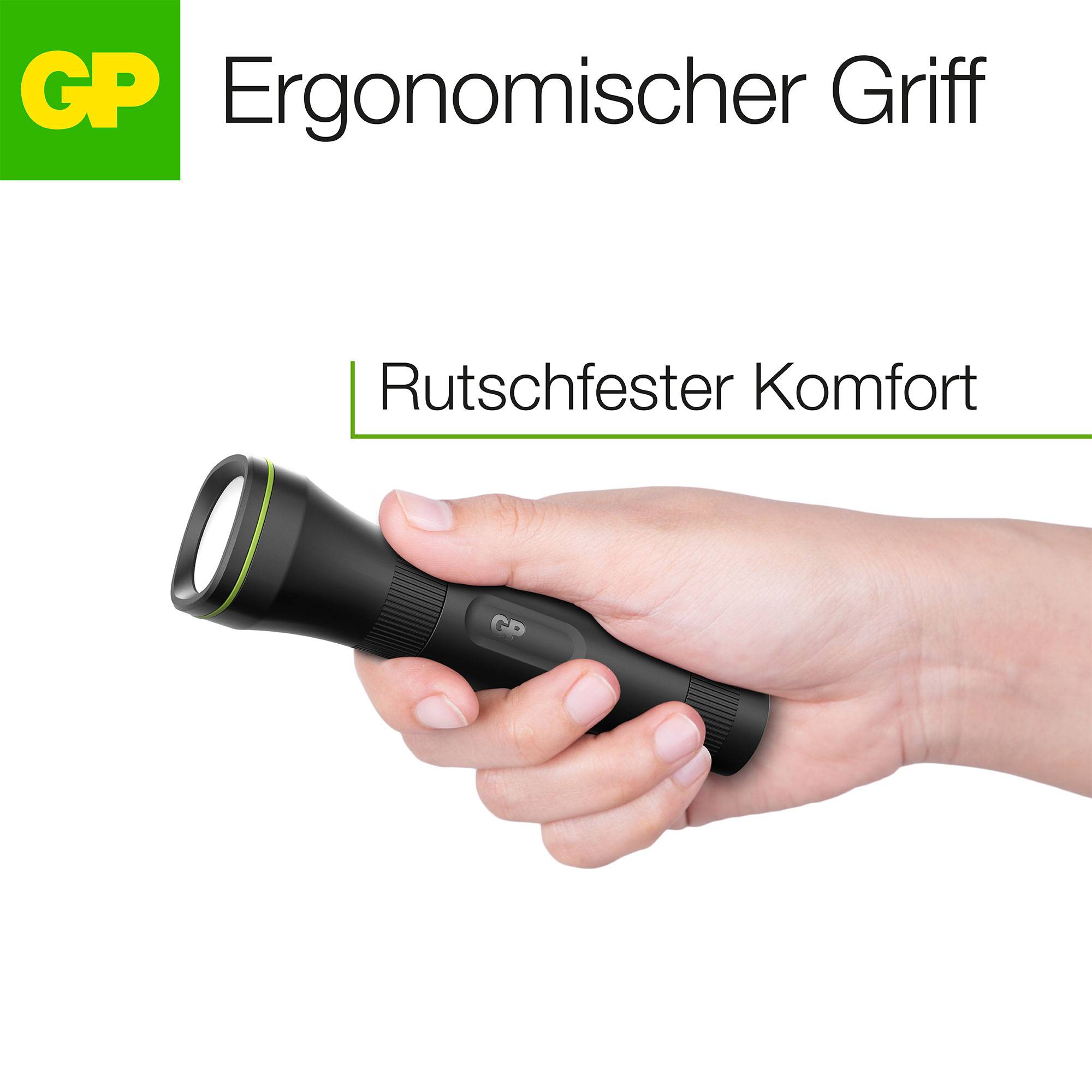 Hand hält Taschenlampe mit ergonomischem Griff; Text: 'Ergonomischer Griff' und 'Rutschfester Komfort'.