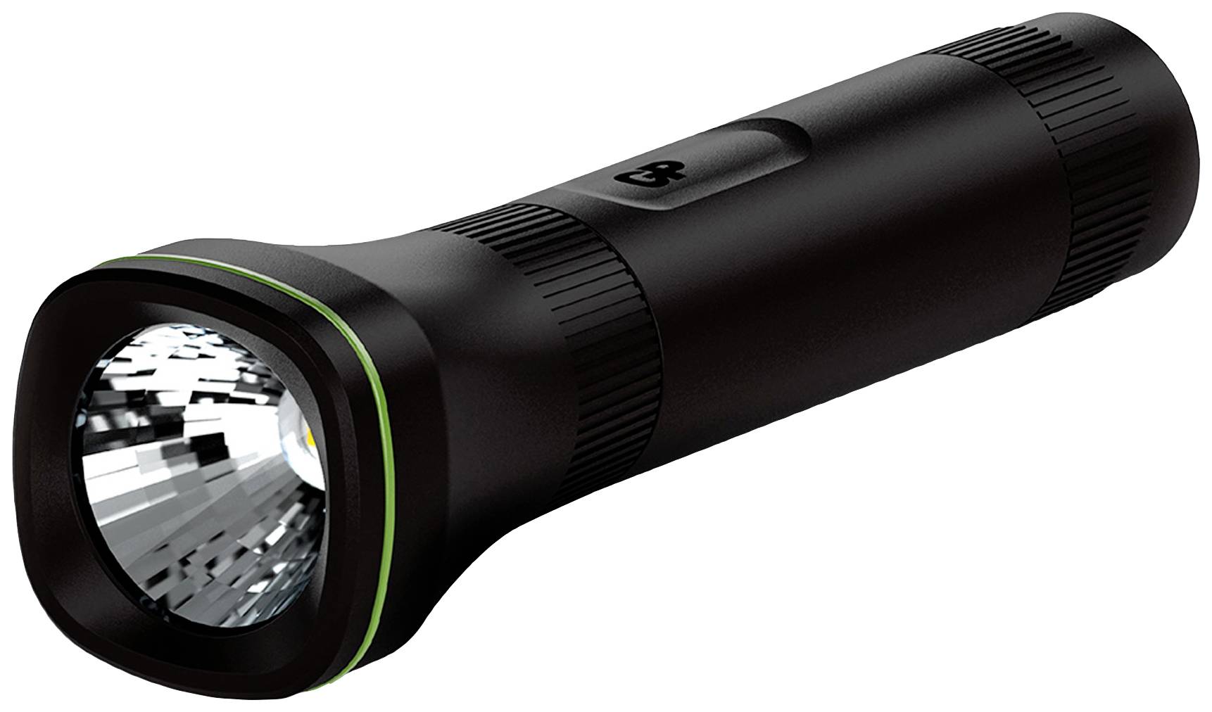 Schwarze Taschenlampe mit geriffeltem Griff und kreisförmiger Linse vorne, umgeben von einem grünen Ring.