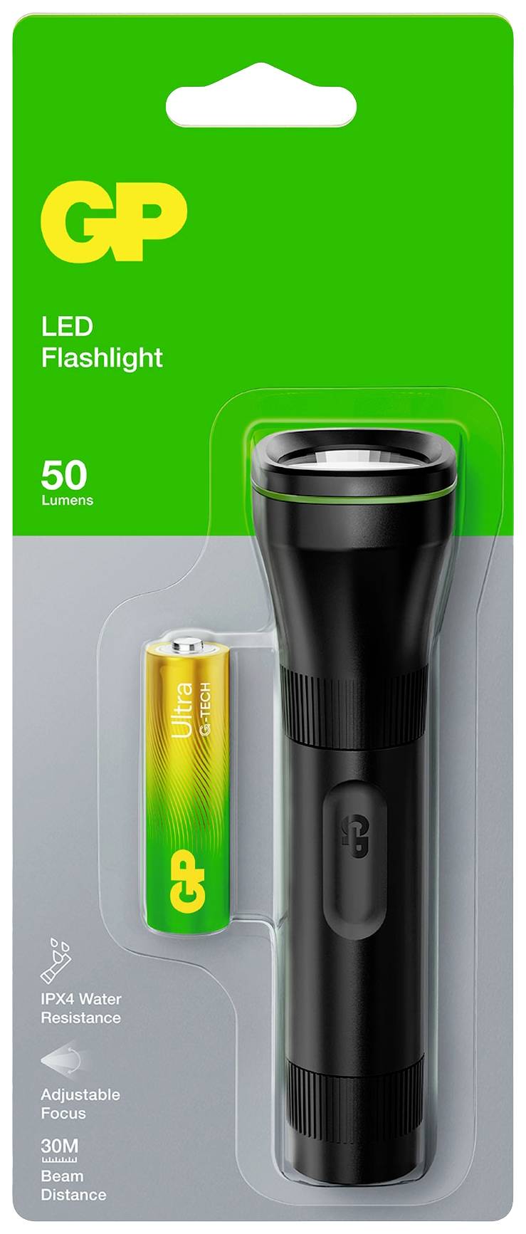 Grünes Verpackungsetikett mit Taschenlampe und Batterie. Text: 'GP LED Flashlight 50 Lumens'. Enthält wesentliche Infos über Produkt und Funktionen.