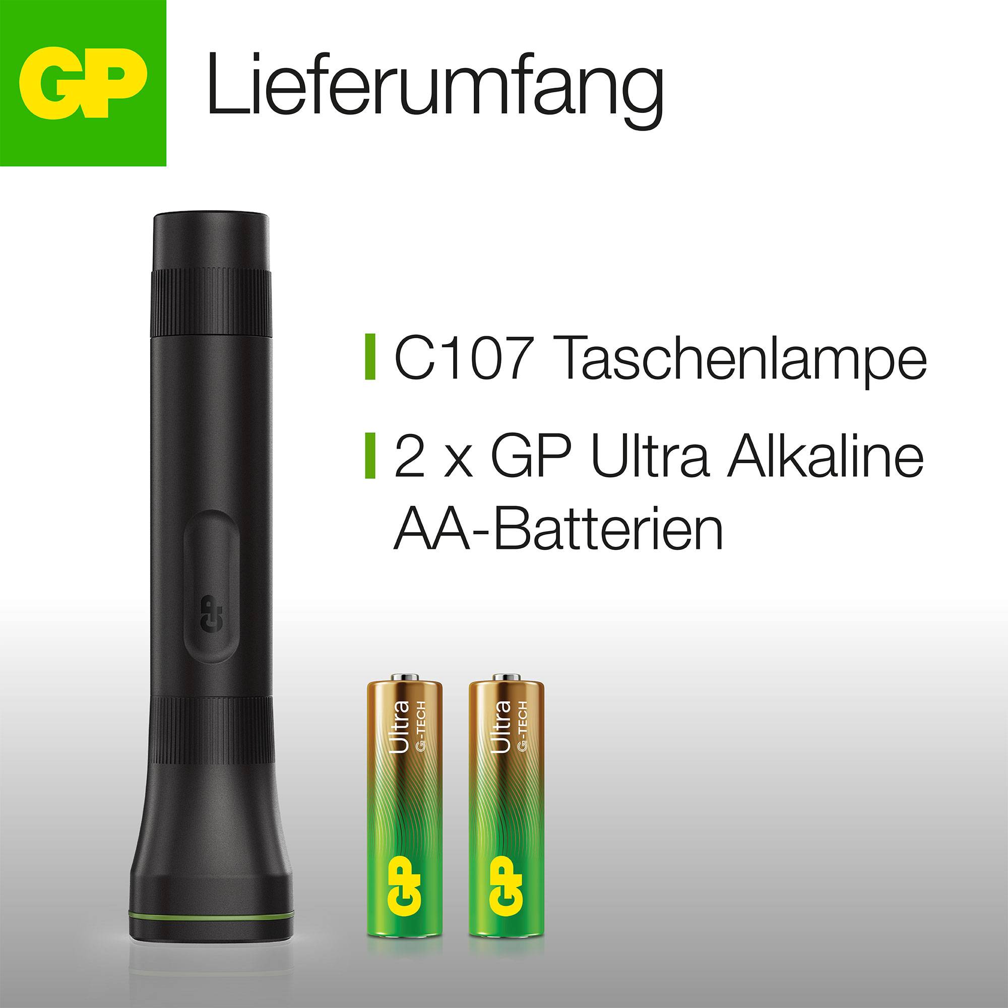 'Lieferumfang: C107 Taschenlampe, 2 x GP Ultra Alkaline AA-Batterien' neben Bild von Taschenlampe und zwei Batterien.