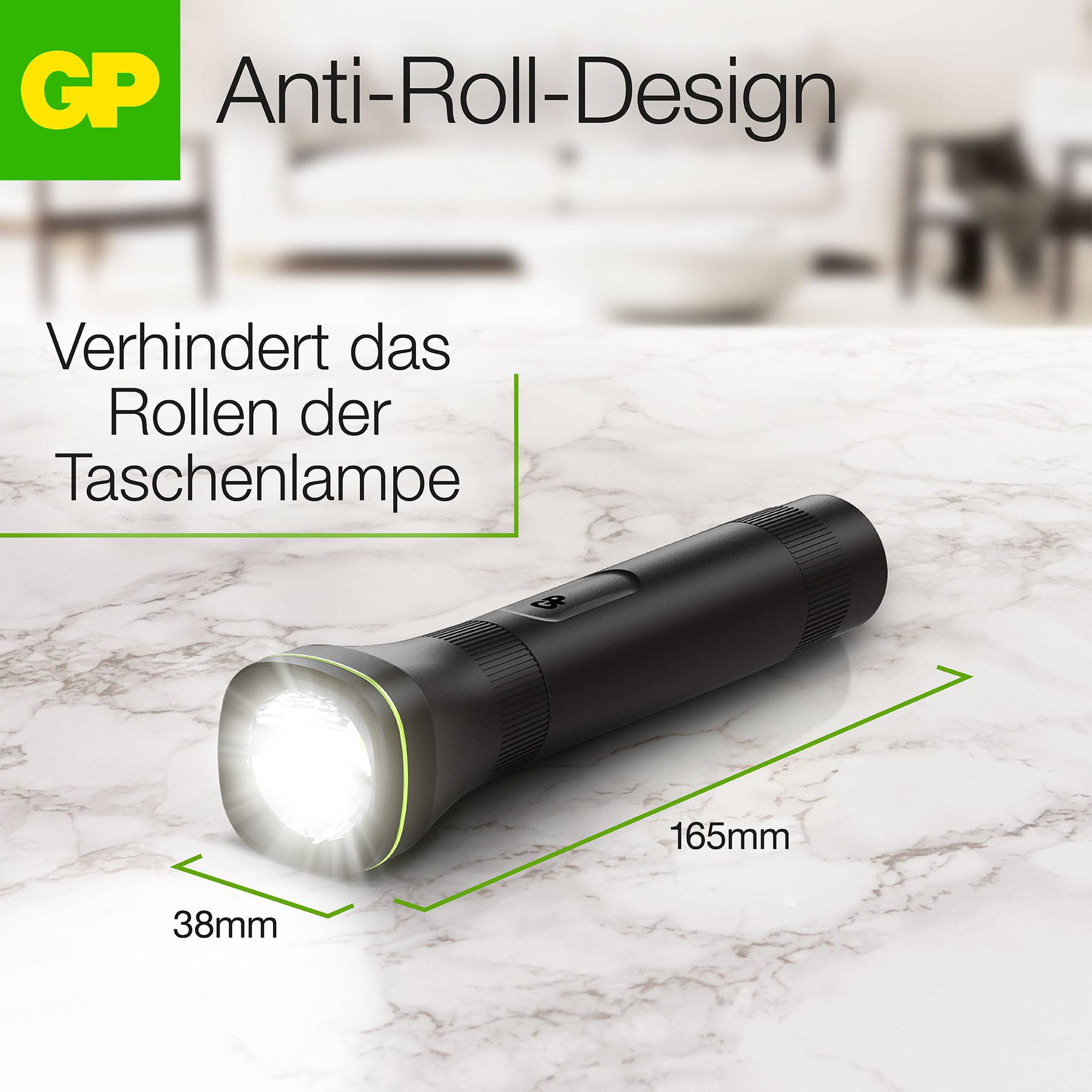 Taschenlampe mit Anti-Roll-Design, verhindert Rollen, ideal für glatte Oberflächen. Größe: 165mm Länge, 38mm Durchmesser.