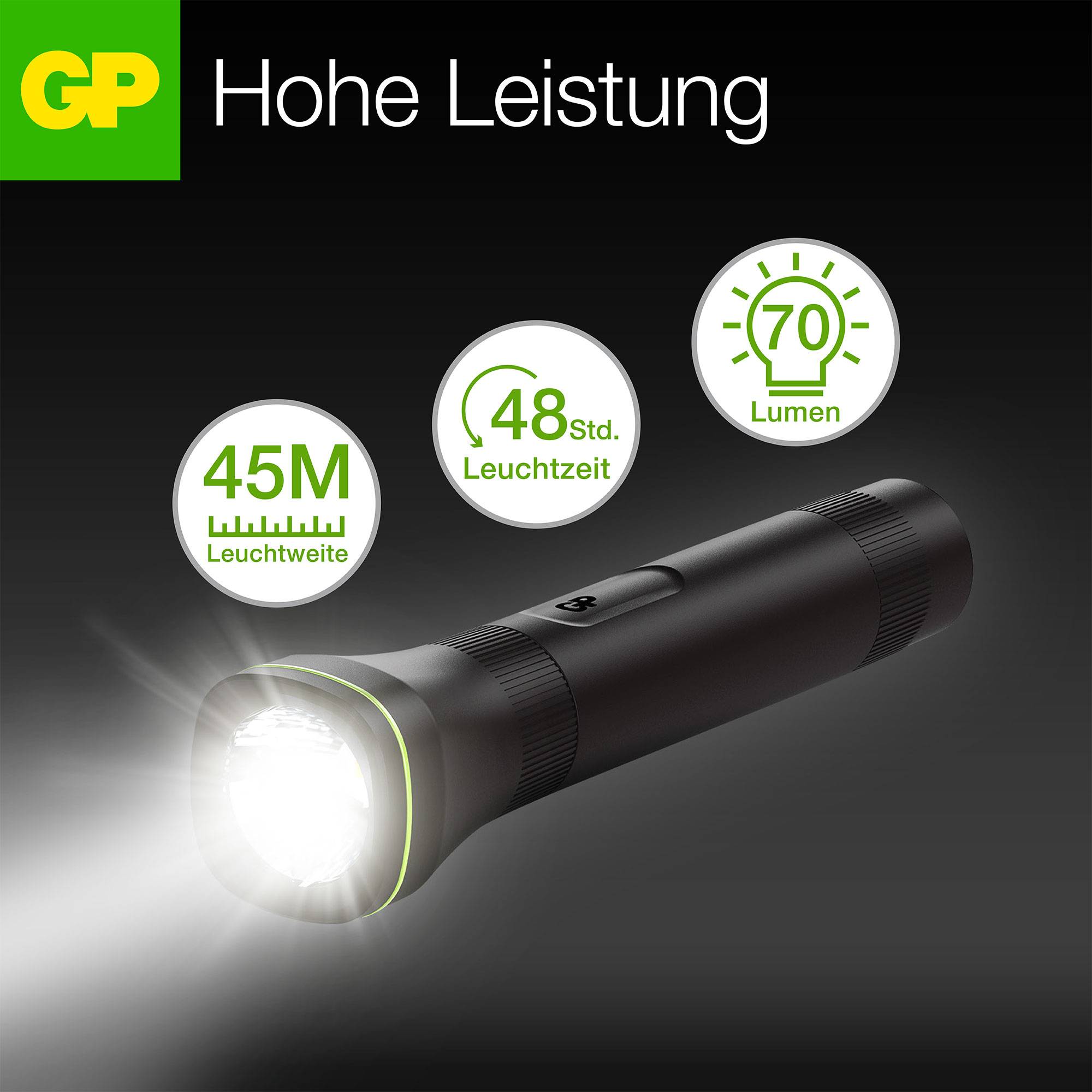 Schwarze Taschenlampe leuchtet, umgeben von Symbolen: '45M Leuchtweite', '48 Std. Leuchtzeit', '70 Lumen'; Marke GP oben links.