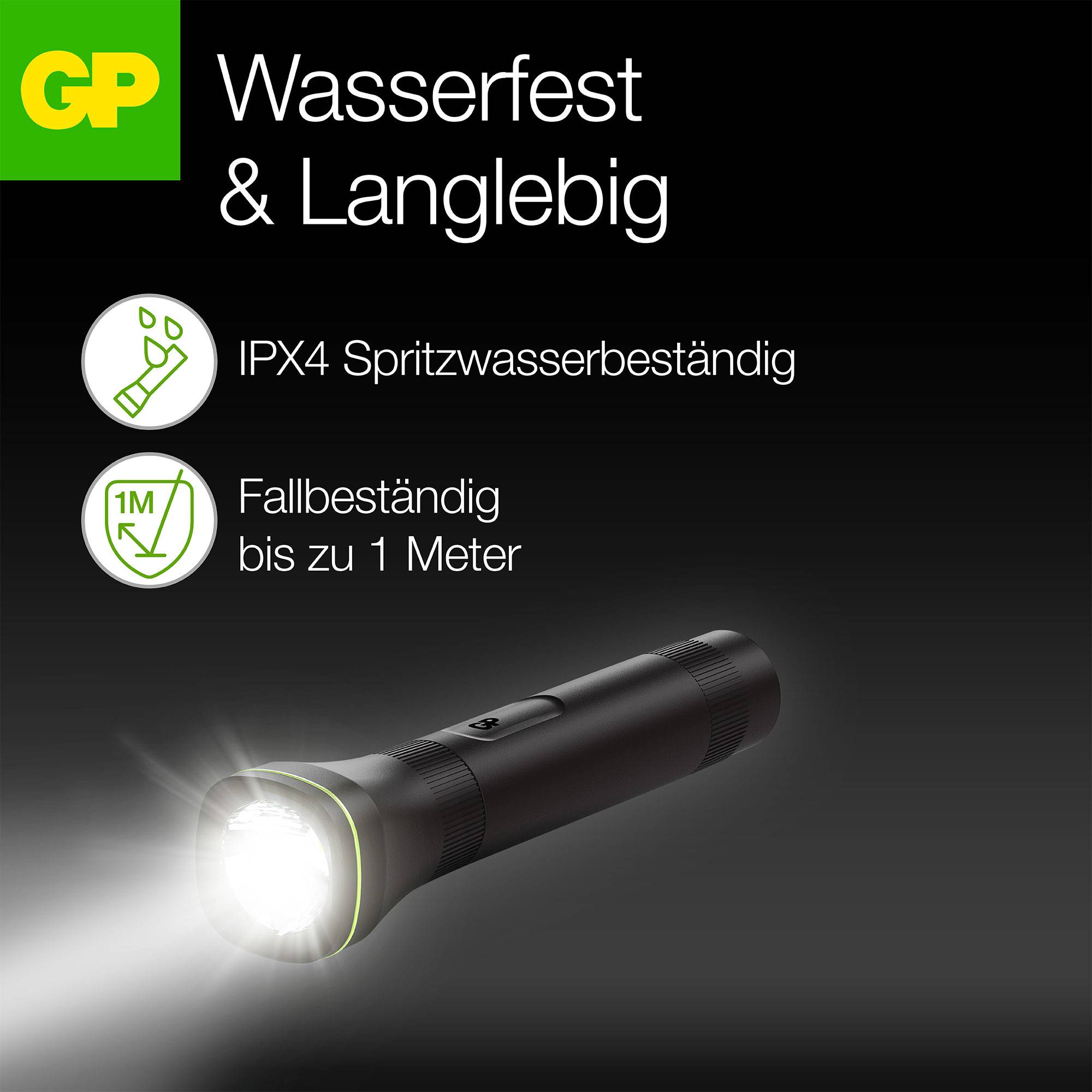 Taschenlampe; wasserfest (IPX4) und fallbeständig bis 1 Meter. Schwarzes Design, beleuchtet.