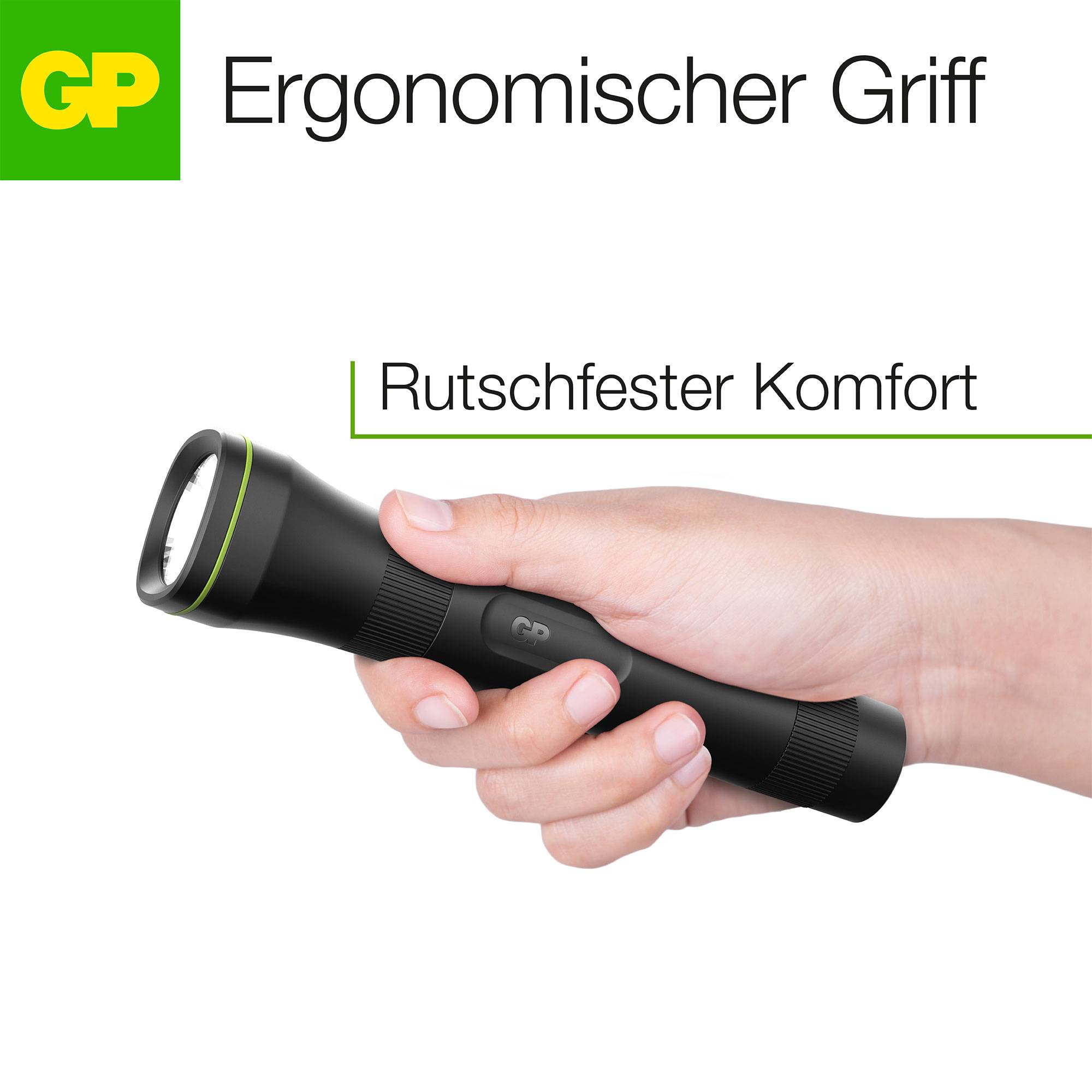 Hand hält schwarze Taschenlampe mit ergonomischem Griff und Beschriftung 'Rutschfester Komfort'.