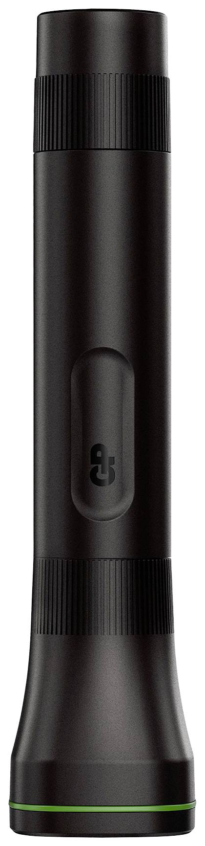 Schwarze Taschenlampe auf weißem Hintergrund, zylindrische Form, mit geriffeltem Griff.