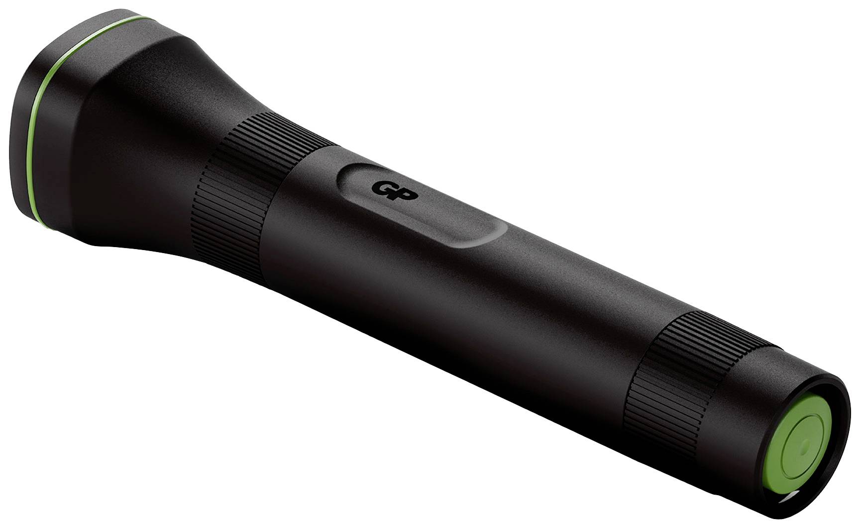 Eine schwarze Taschenlampe mit grünem Knopf und grünem Rand am Kopfende, liegend und zur Seite zeigend.