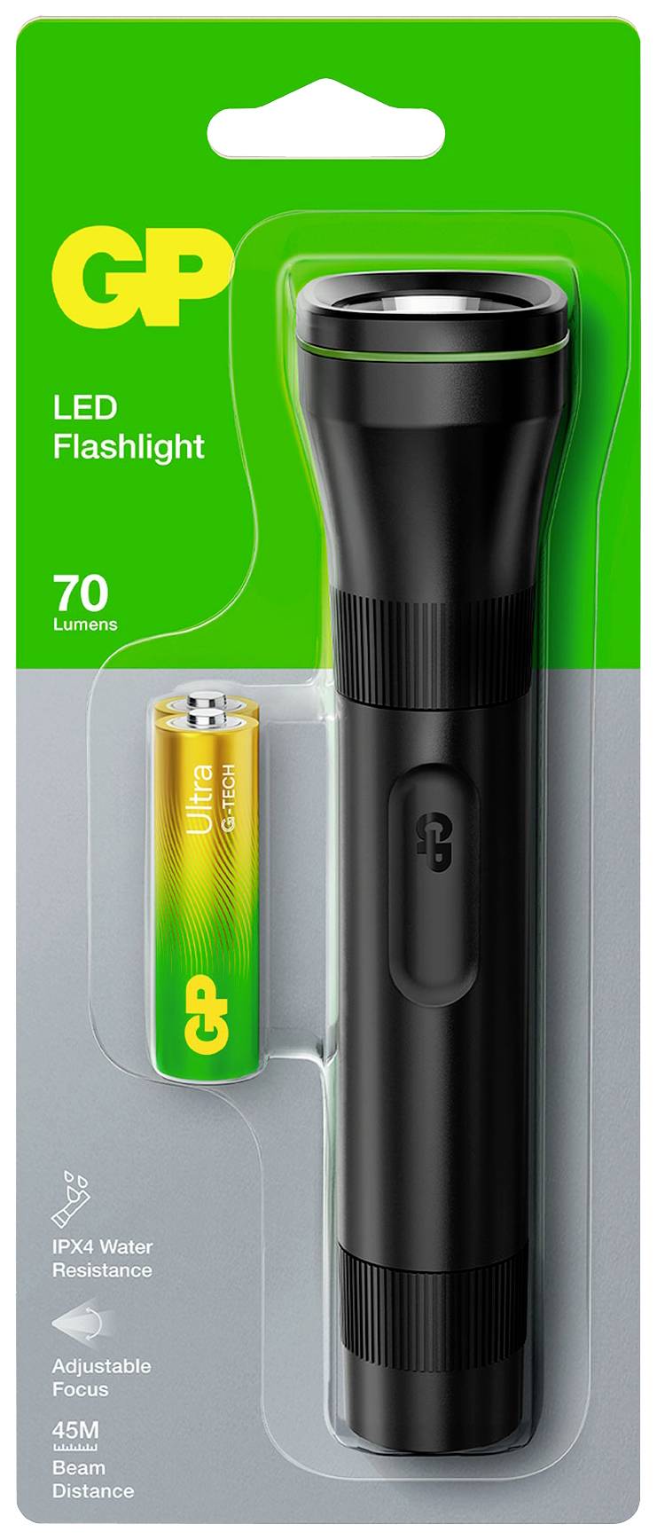 Schwarze LED-Taschenlampe mit GP-Logo und einer beiliegenden Batterie auf grauem Hintergrund. Verpackung hebt 70 Lumen und Wasserresistenz hervor.