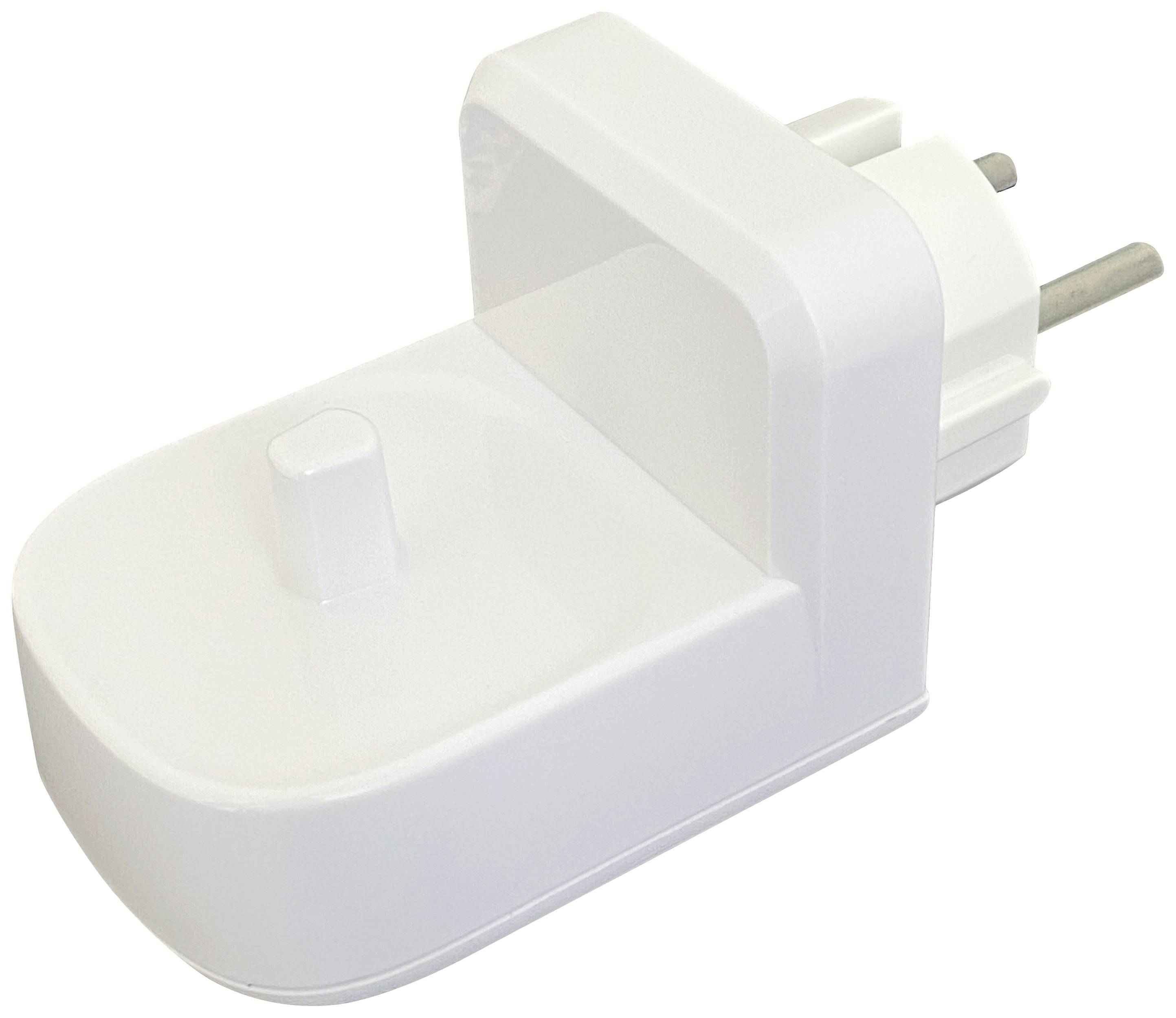 Ein weißer Steckeradapter mit schlankem Design, der eine Steckdose in eine andere Form umwandelt.