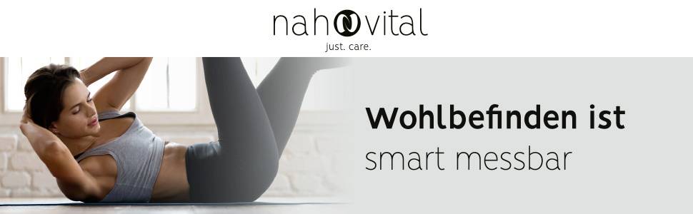 Eine Person trainiert in einem Fitnessstudio. Text: 'Wohlbefinden ist smart messbar'. Markenname oben: 'naho vital'.