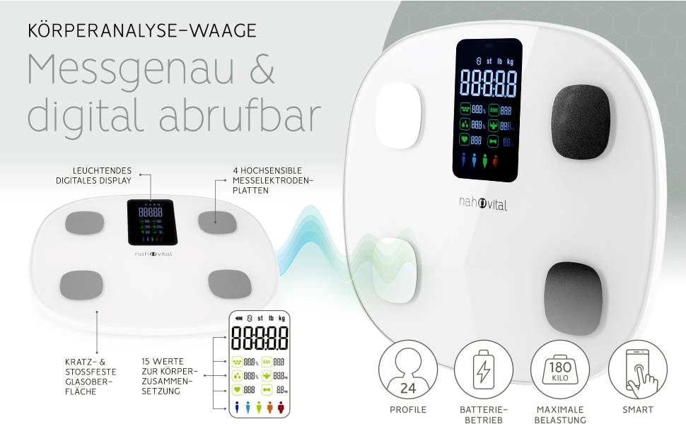 Nah-vital Smart 6V Körperanalysewaage digital Wägebereich (max.)=180 kg Weiß