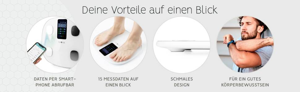 Drei runde Fotos zeigen technische Geräte und eine Person, die eine körperliche Übung macht. Text: Deine Vorteile auf einen Blick.