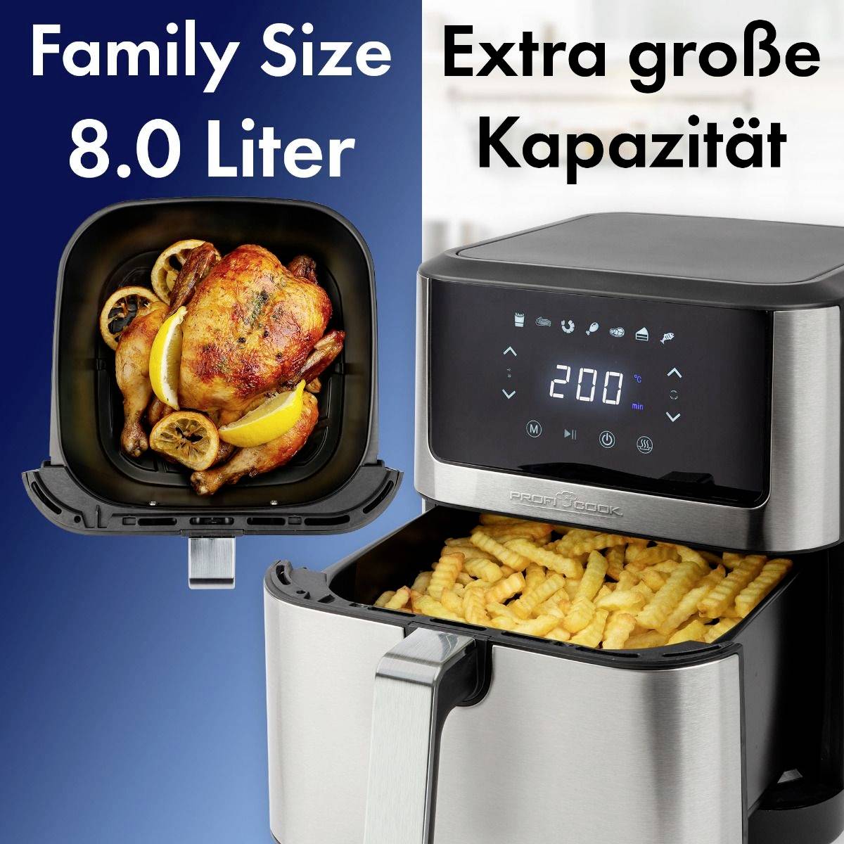 Profi Cook PC-FR 1269 H Heißluft-Fritteuse 8l 1800W Edelstahl, Schwarz