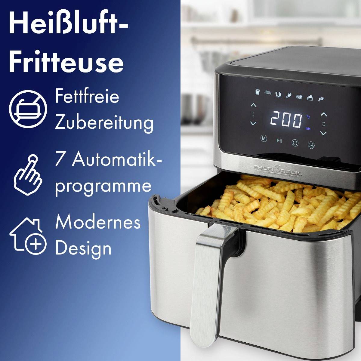 Profi Cook PC-FR 1269 H Heißluft-Fritteuse 8l 1800W Edelstahl, Schwarz