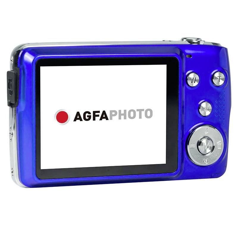 Eine blaue Digitalkamera mit der Aufschrift 'AgfaPhoto' auf dem Bildschirm. Die Kamera hat diverse Bedienelemente zur Navigation.
