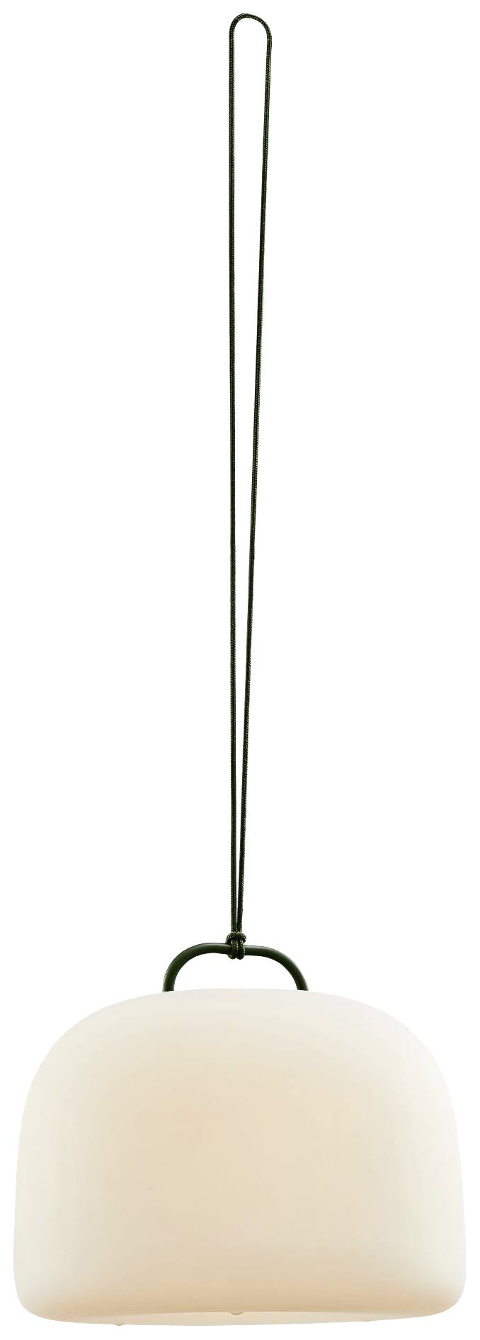 Hängelampe mit weißem, gewölbtem Schirm und schwarzer Aufhängung, minimalistisch gestaltet, für moderne Innenräume geeignet.