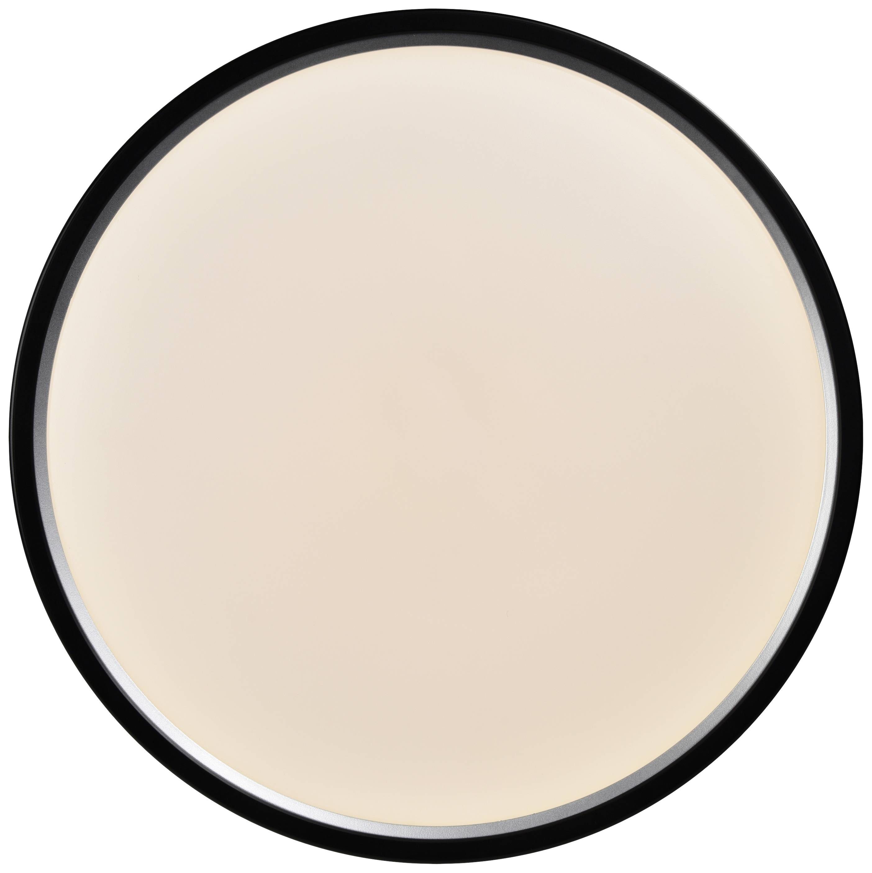 Eine kreisförmige LED-Deckenleuchte mit schwarzem Rand und warmweißem Licht. Geeignet für zeitgenössische Innenräume.