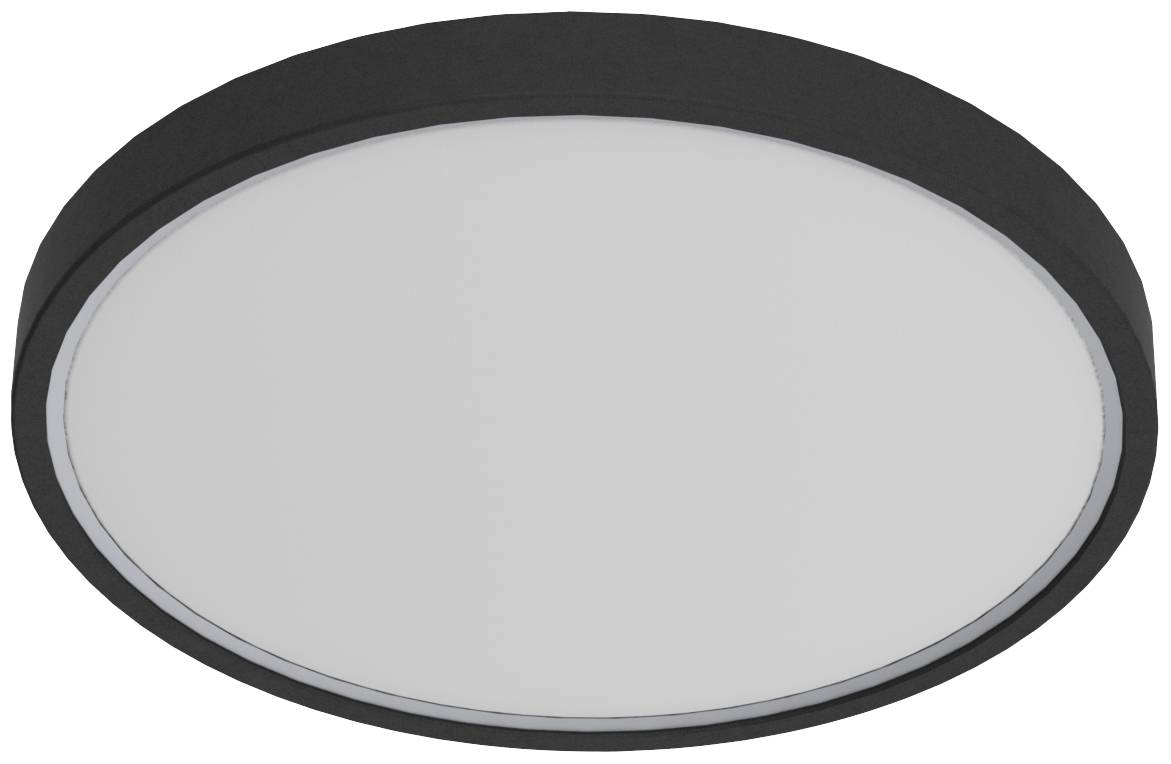 Runde Deckenleuchte in Schwarz mit weißem Diffusor. Schlichtes Design, geeignet für moderne Räume.