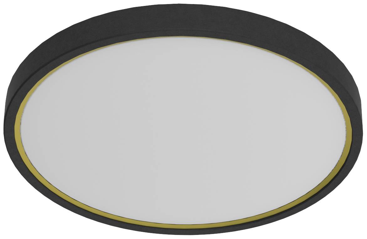 Eine runde, schwarze Deckenleuchte mit einem goldenen Akzentring um den Rand.