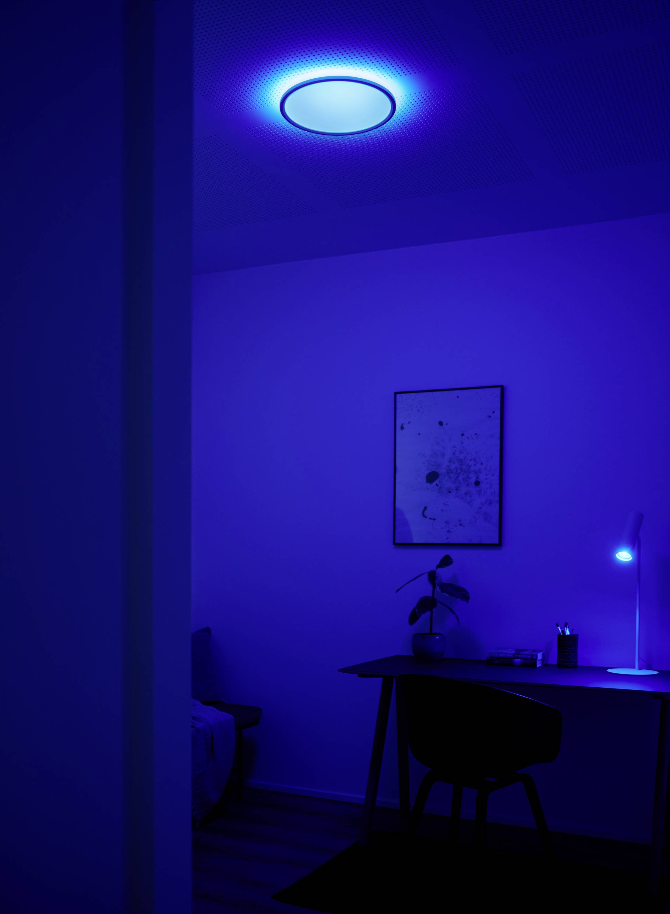 Ein abgedunkeltes Zimmer mit blauer Beleuchtung. Ein Schreibtisch mit Lampe, Pflanze und Wandbild. Atmosphäre ist ruhig und modern.
