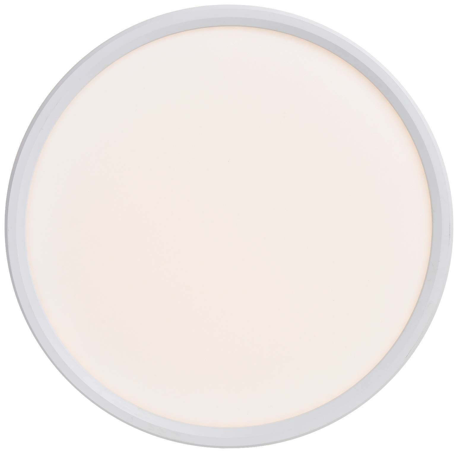 Runde, flache Deckenleuchte mit weißem Rahmen und milchigem Diffusor, geeignet für moderne Innenräume.