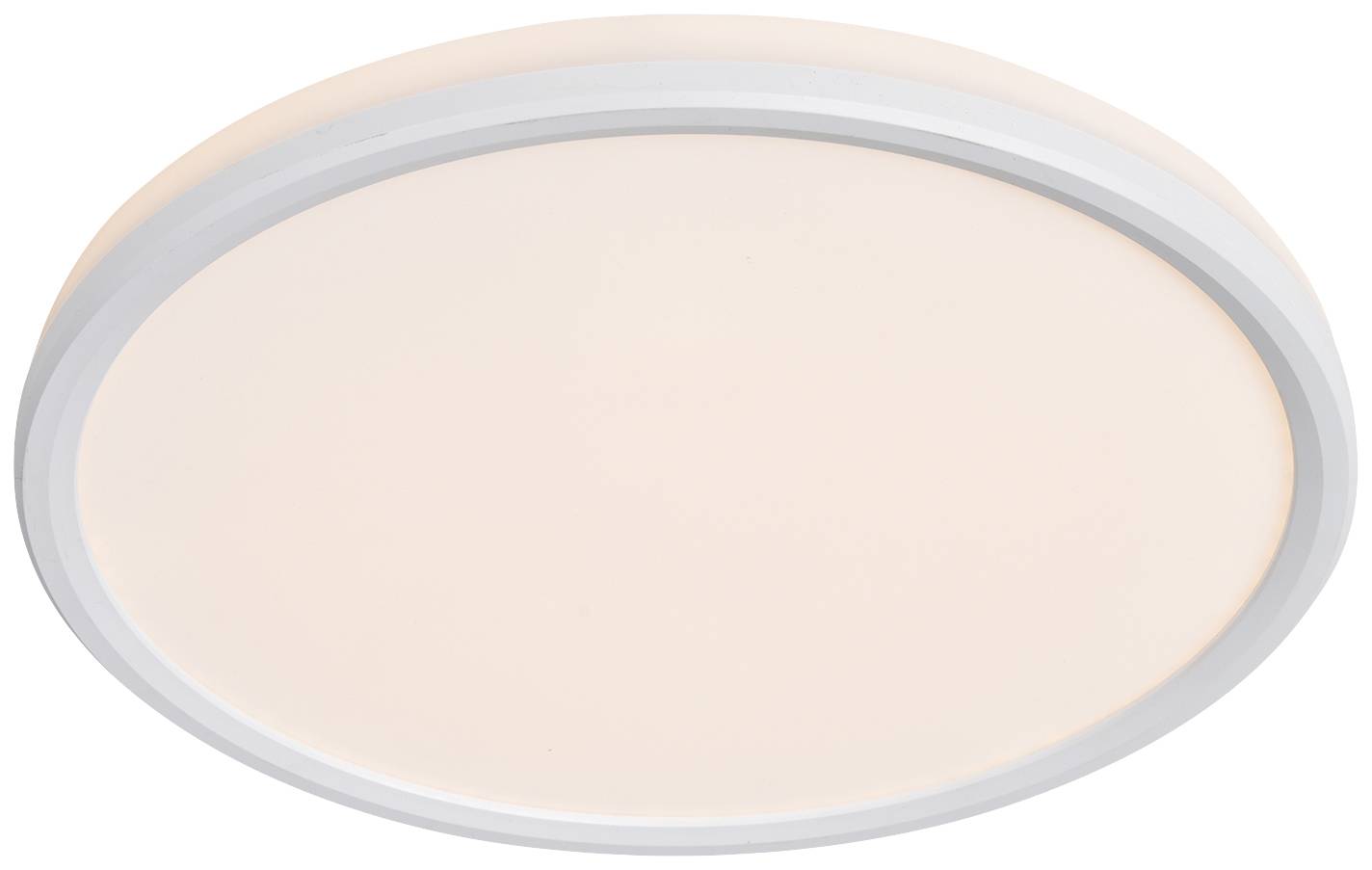 Runde, weiße Deckenleuchte mit schlichtem Design, leuchtet sanft in warmem Licht. Geeignet für moderne Wohnräume.