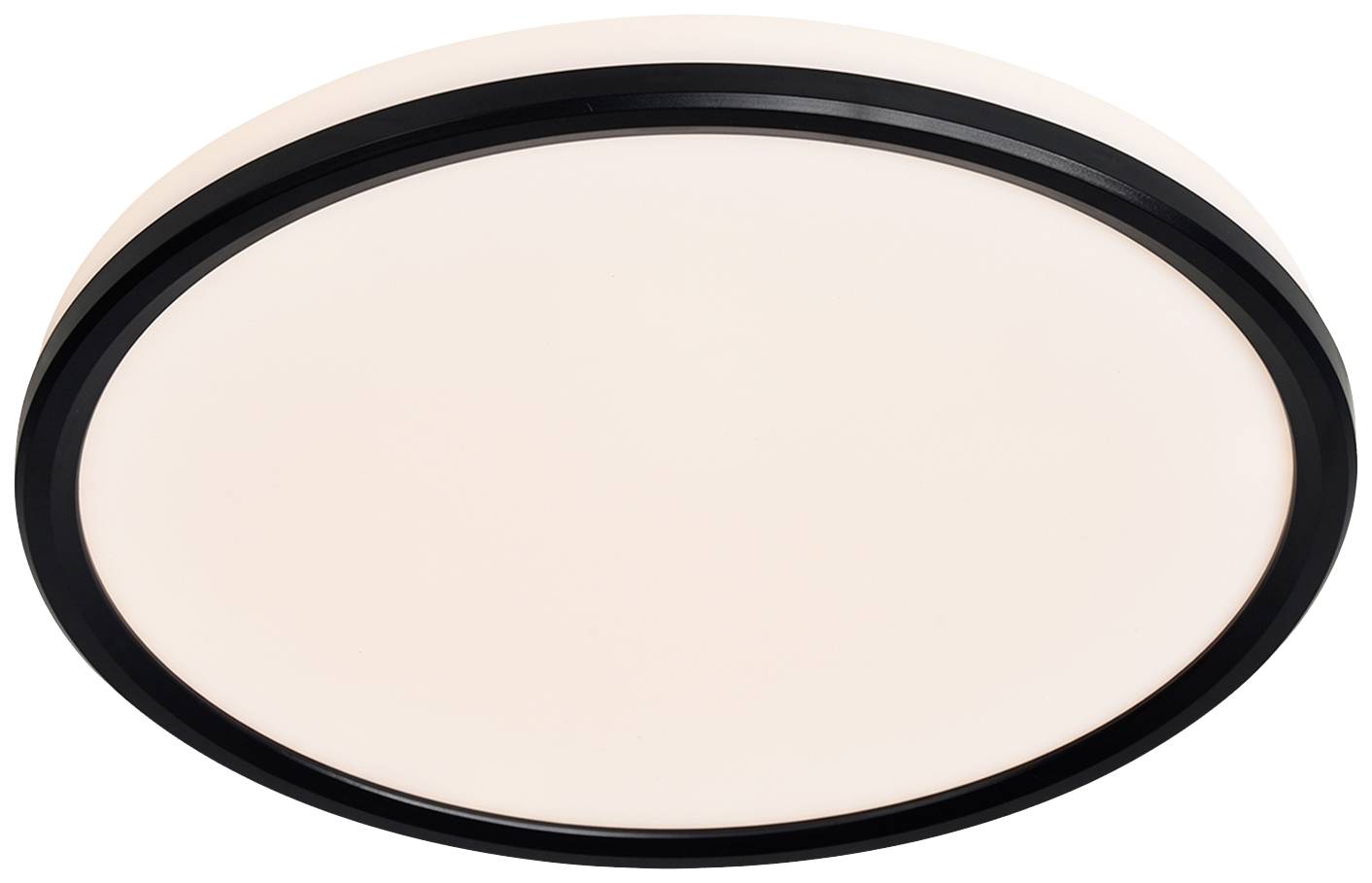 Runde, schwarze Deckenlampe mit weißem Leuchtmittel, gleichmäßig leuchtend. Ideal für Wohnräume und moderne Einrichtungen.