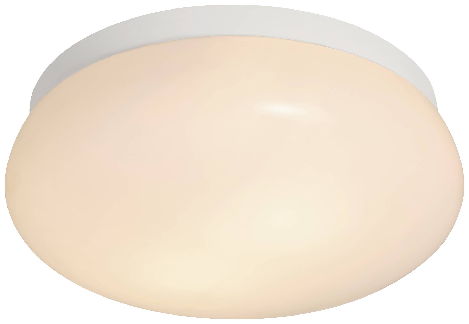 Eine weiße, runde Deckenleuchte mit einem glatten, glänzenden Schirm, der diffus leuchtet und für gleichmäßige Beleuchtung sorgt.