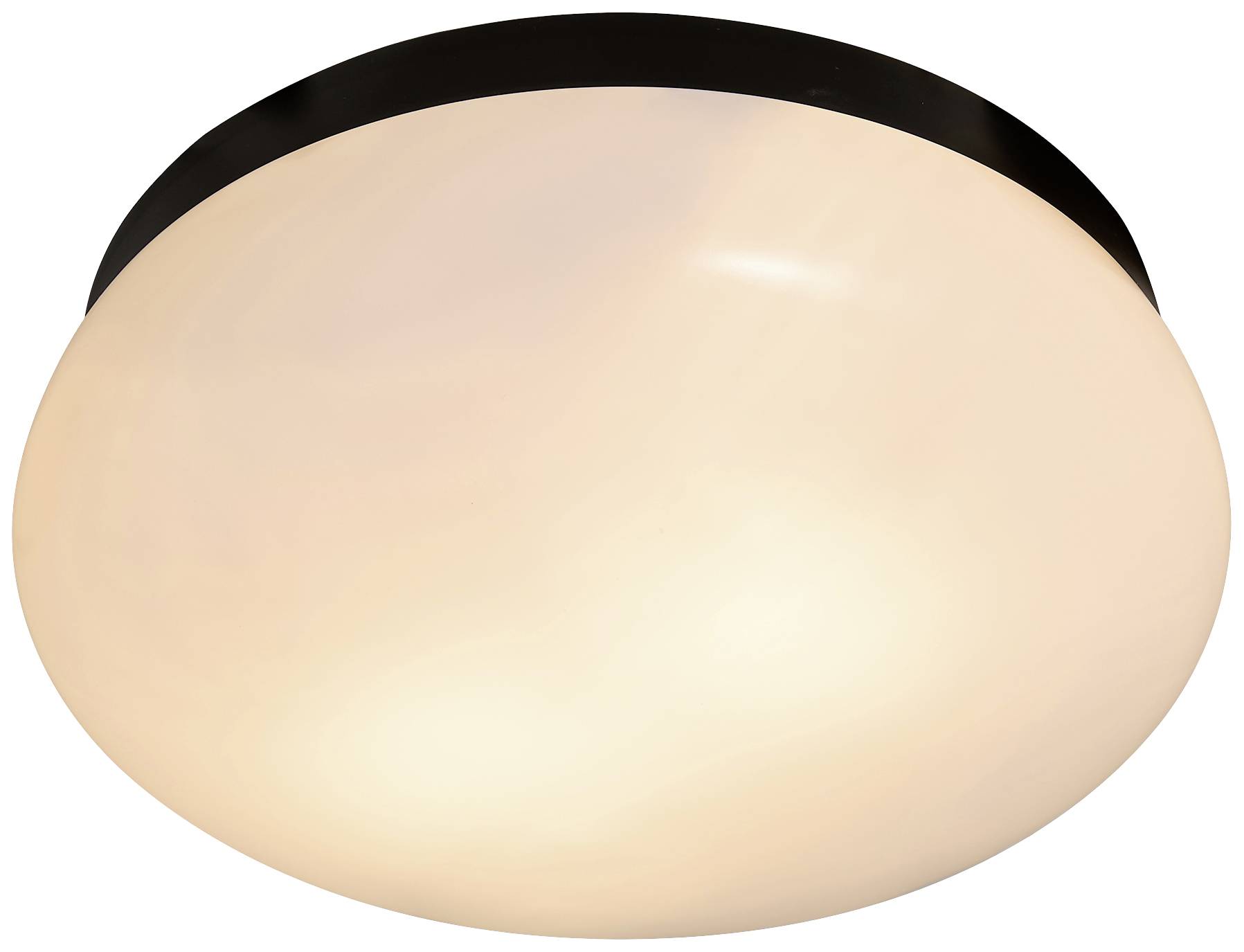 Runde Deckenleuchte mit milchig-weißem Schirm, leuchtet warmes Licht aus. Geeignet zur allgemeinen Raumbeleuchtung.