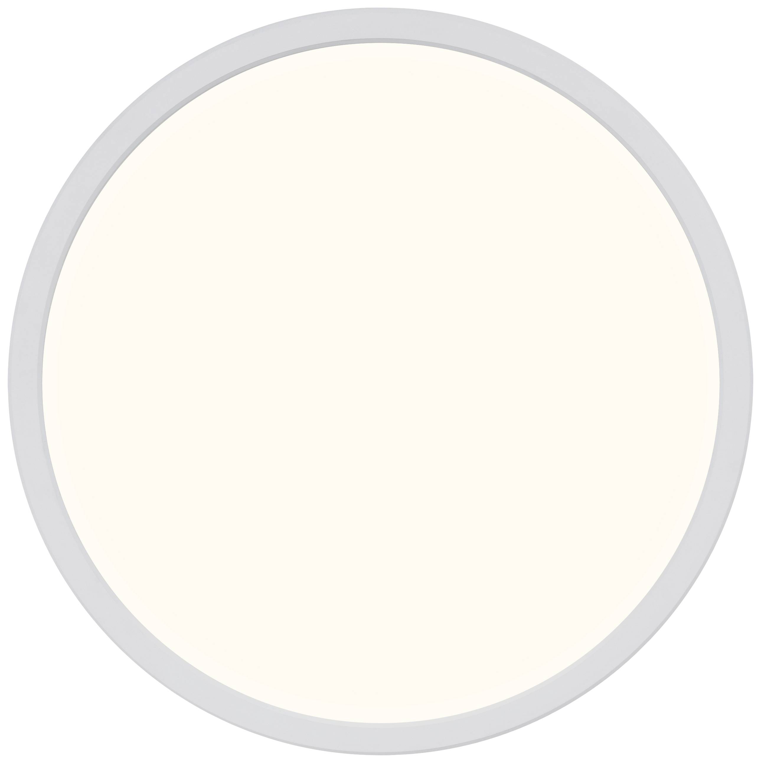 Ein runder, weißer LED-Panel mit grauem Rand leuchtet hell. Das schlichte Design wirkt modern und minimalistisch.