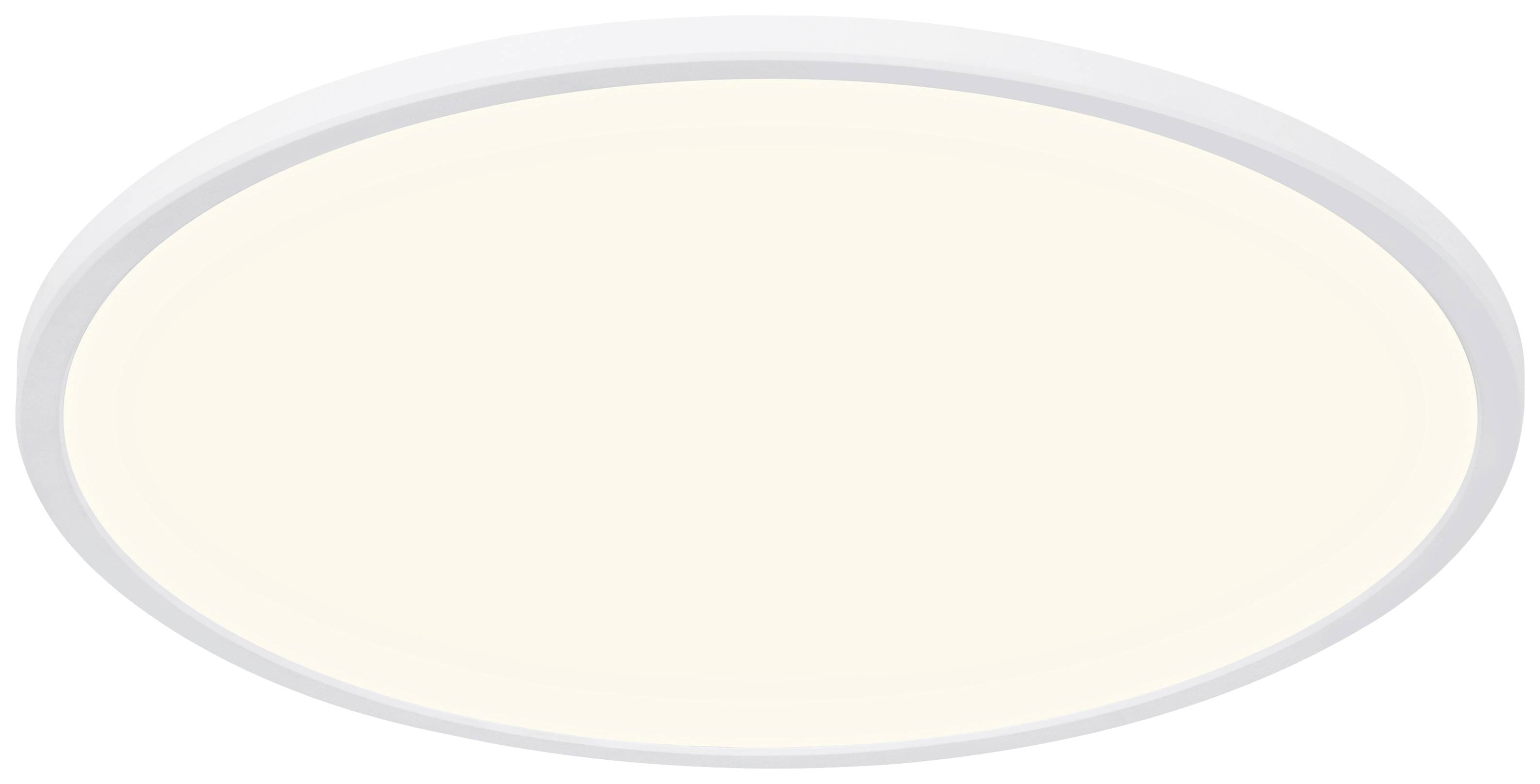 Runde Deckenleuchte mit weißem Rand, gleichmäßige, weiche Beleuchtung, geeignet für Innenräume wie Wohnzimmer oder Büro.