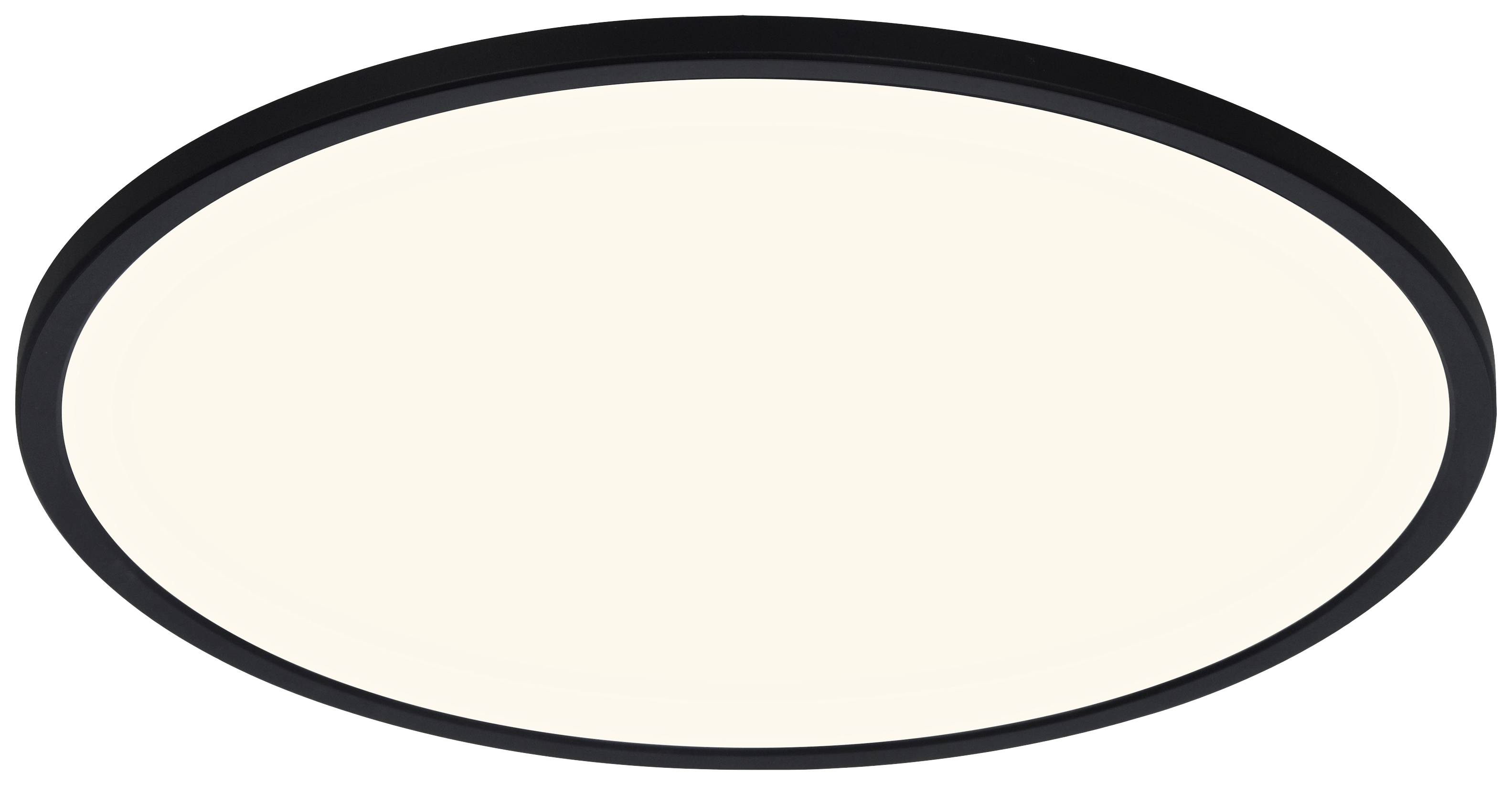 Runde, flache Deckenleuchte mit schwarzem Rand und gleichmäßiger, warmer Lichtabstrahlung. Ideal für moderne Innenräume.