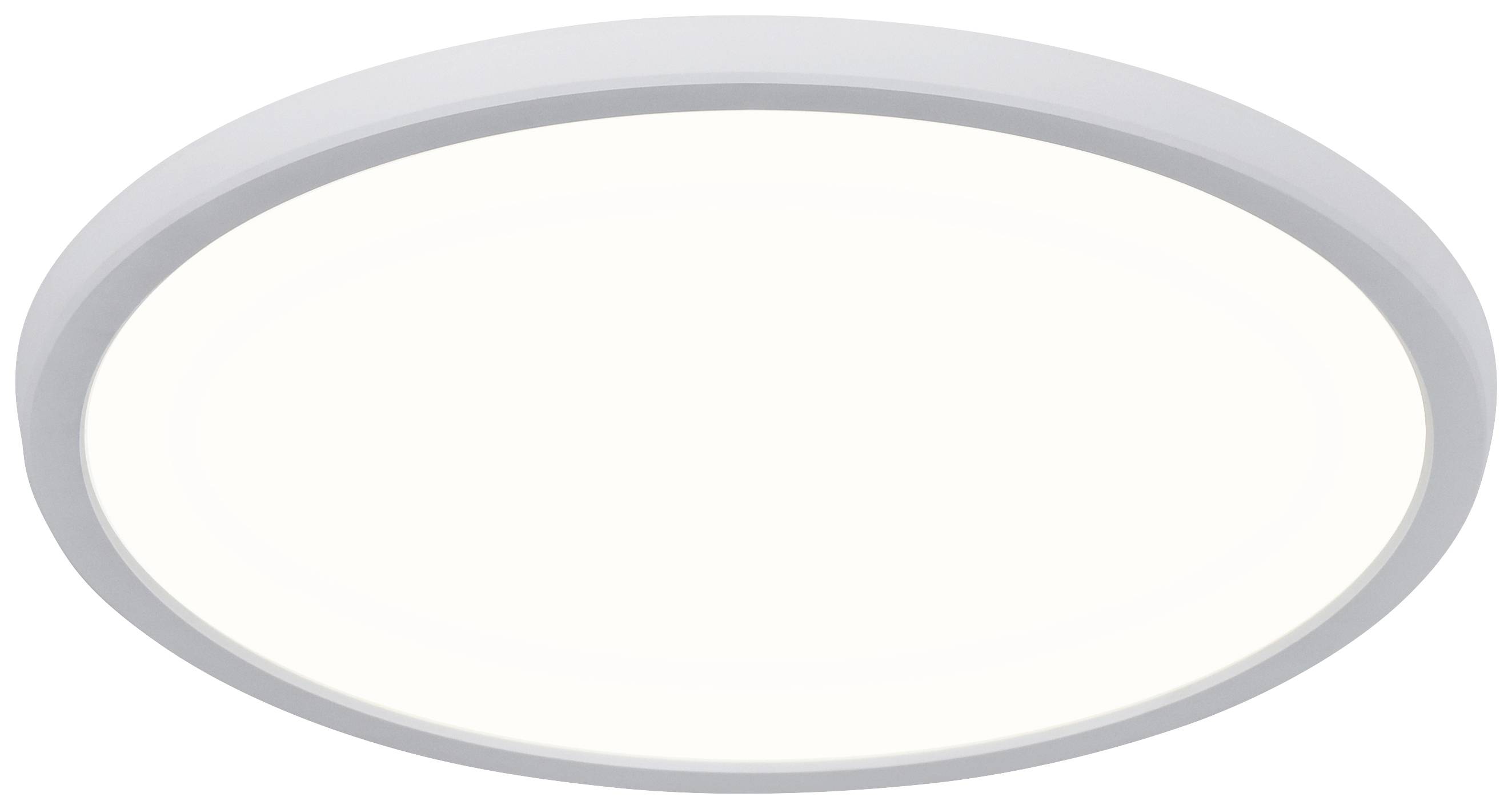 Rundes, flaches LED-Deckenlicht mit weißem Rahmen, leuchtet weich und gleichmäßig, geeignet für moderne Innenräume.