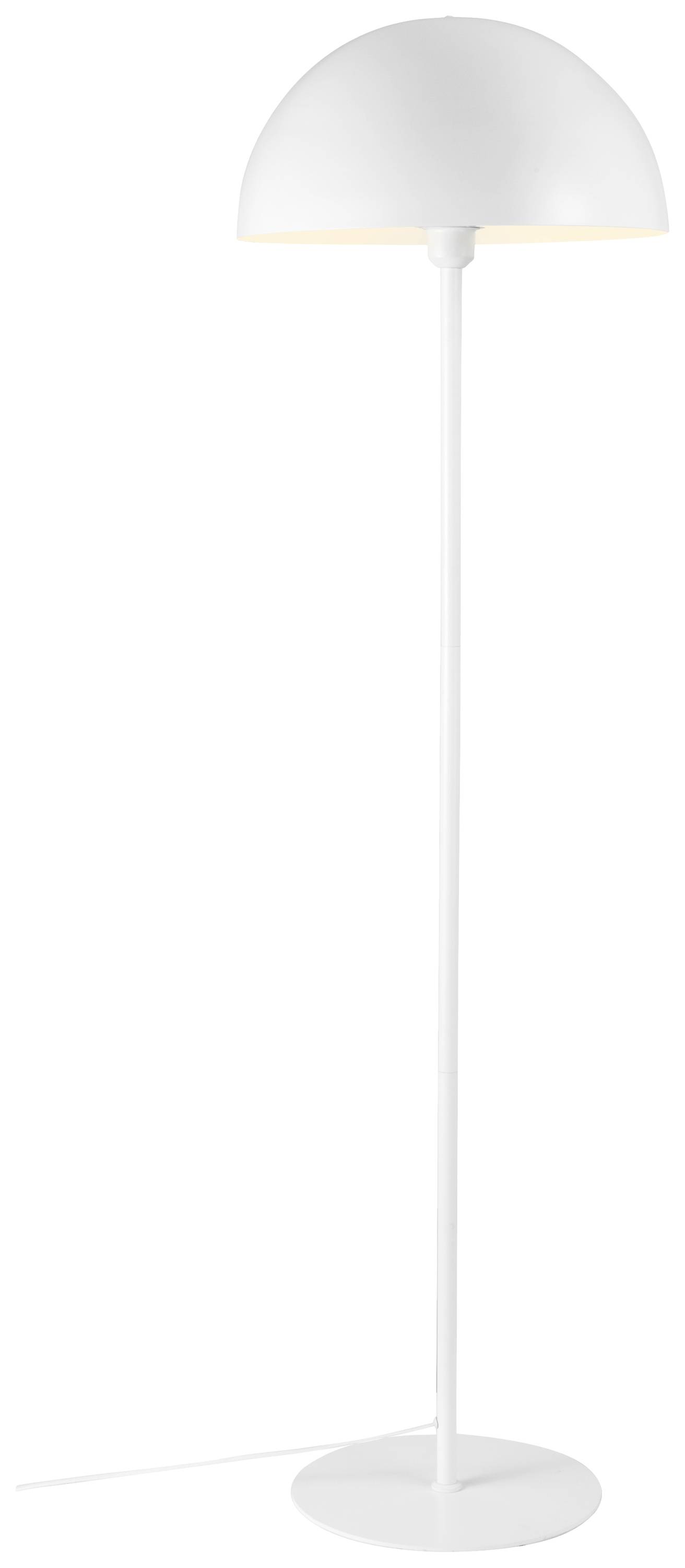 Weiße Stehlampe mit rundem Lampenschirm und schlankem Ständer. Minimalistisches Design, geeignet für modernes Interieur.