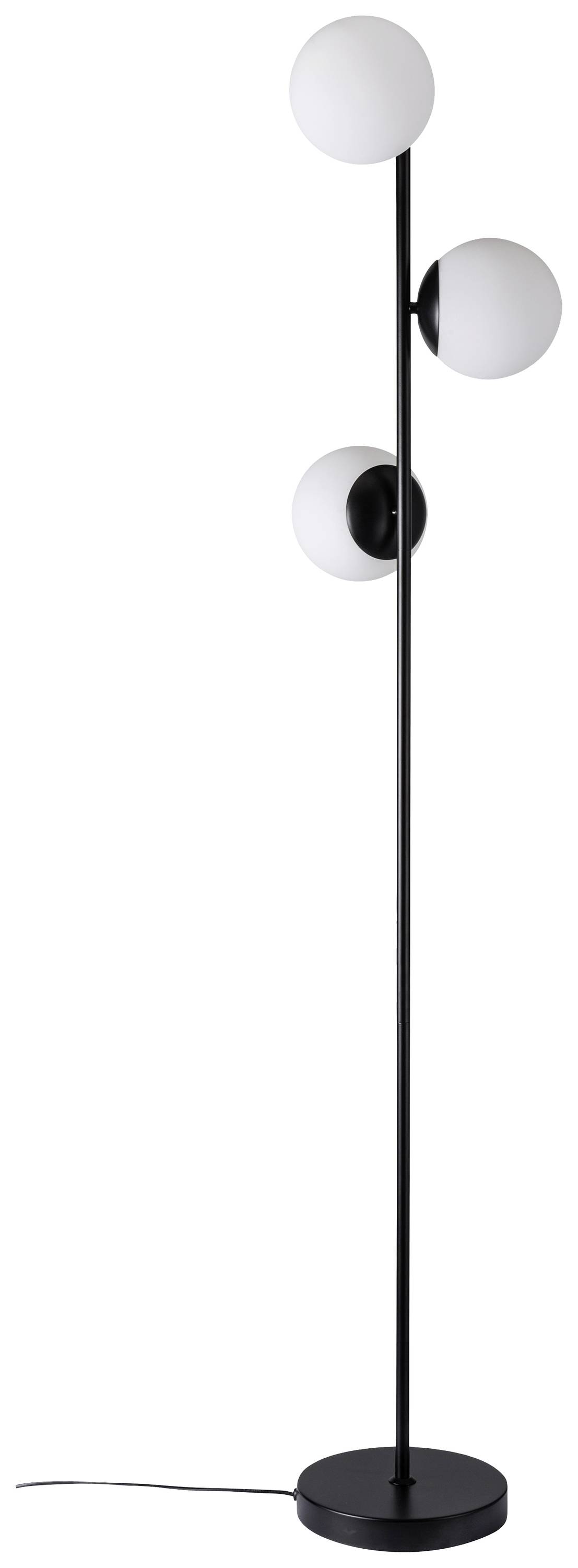 Dreiarmige Stehlampe mit runden, weißen Leuchtkörpern, schwarzem Schaft und Kabel. Modernes Design für Wohnbereiche.